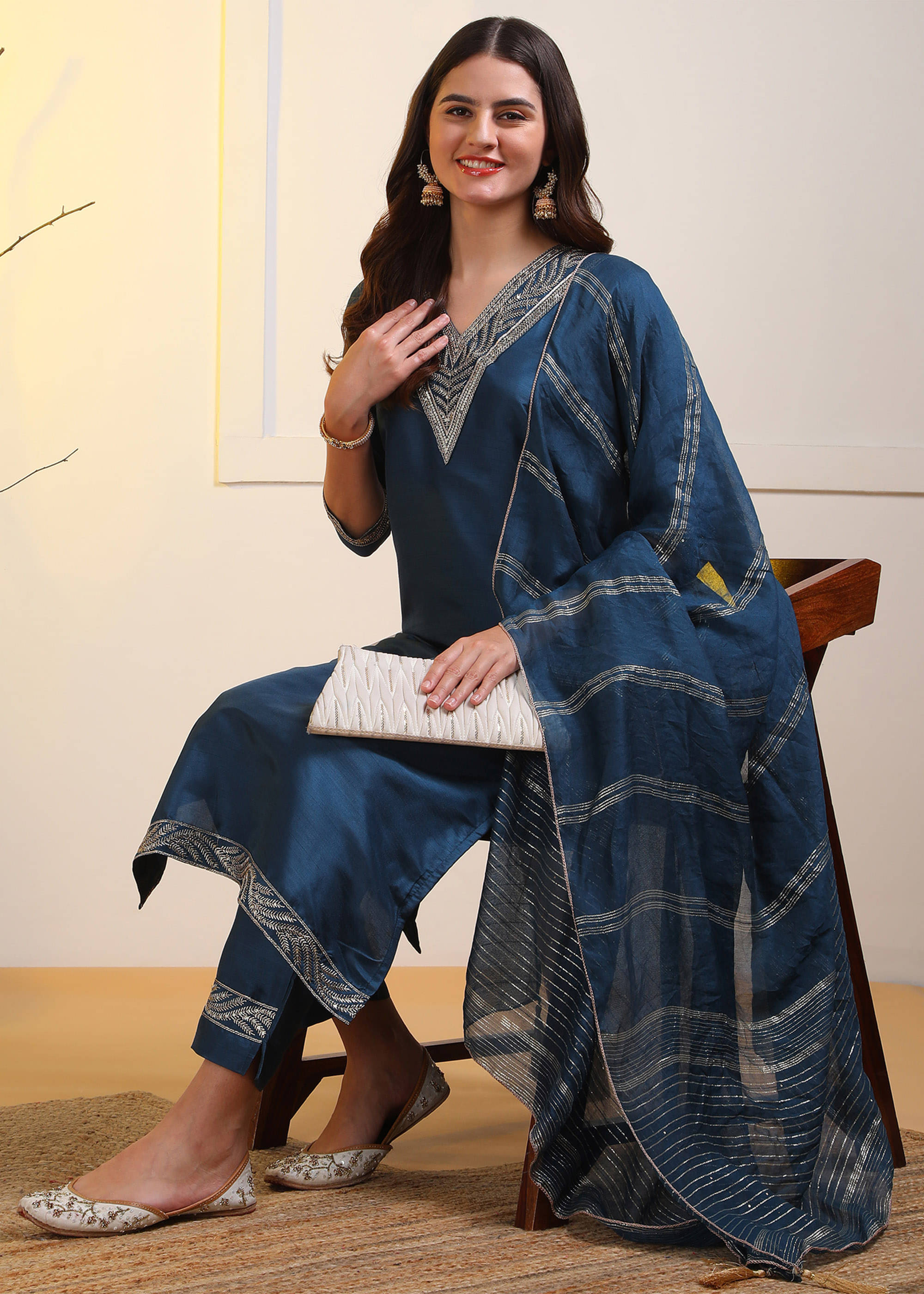 DSK STUDIO Women Silk Blend Embroidered Straight Kurti With Pants ( Blue ) DSK STUDIO Women Silk Blend Embroidered Straight Kurti With Pants ( Blue )