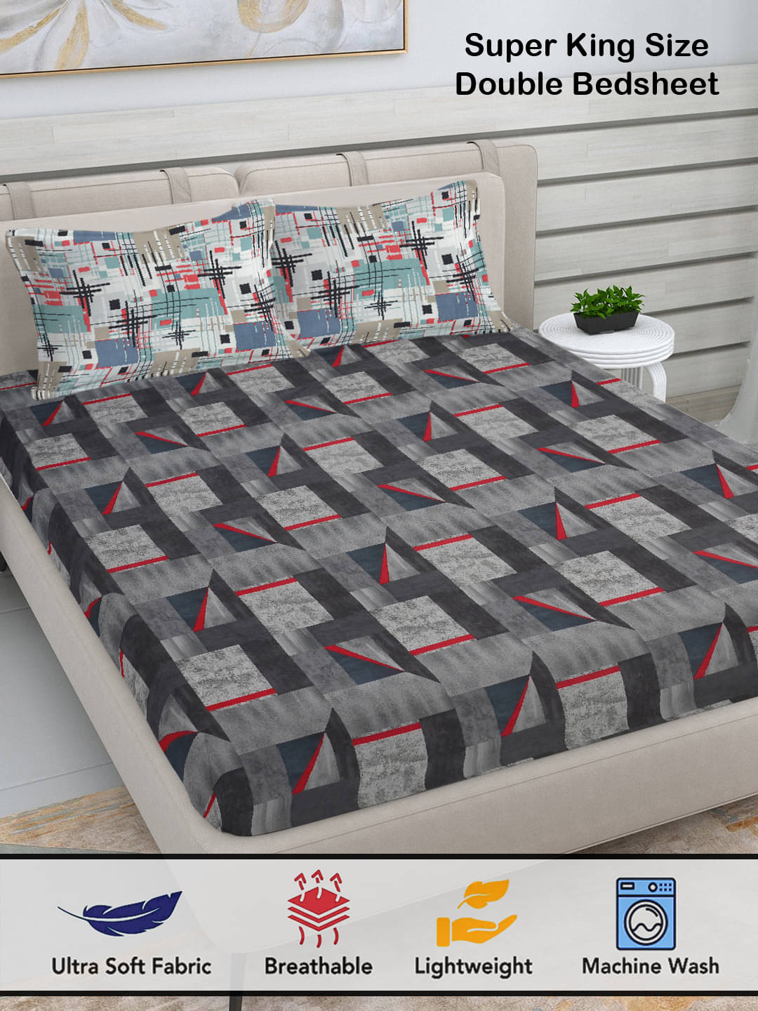     			FABINALIV Poly Cotton 1 Double King Bedsheet with 2 Pillow Covers ( Dark Grey )