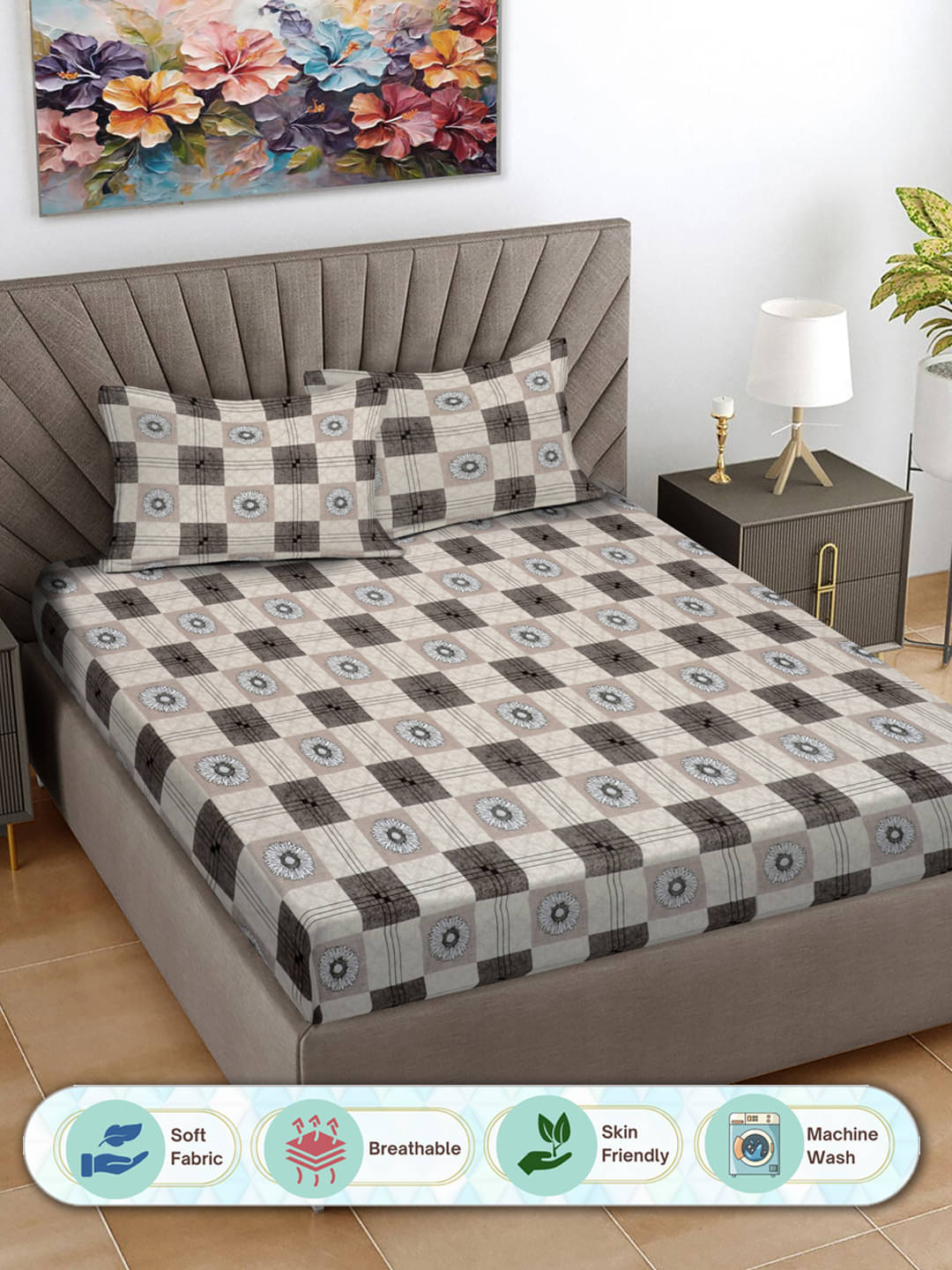    			FABINALIV Poly Cotton 1 Double King Bedsheet with 2 Pillow Covers ( Brown )