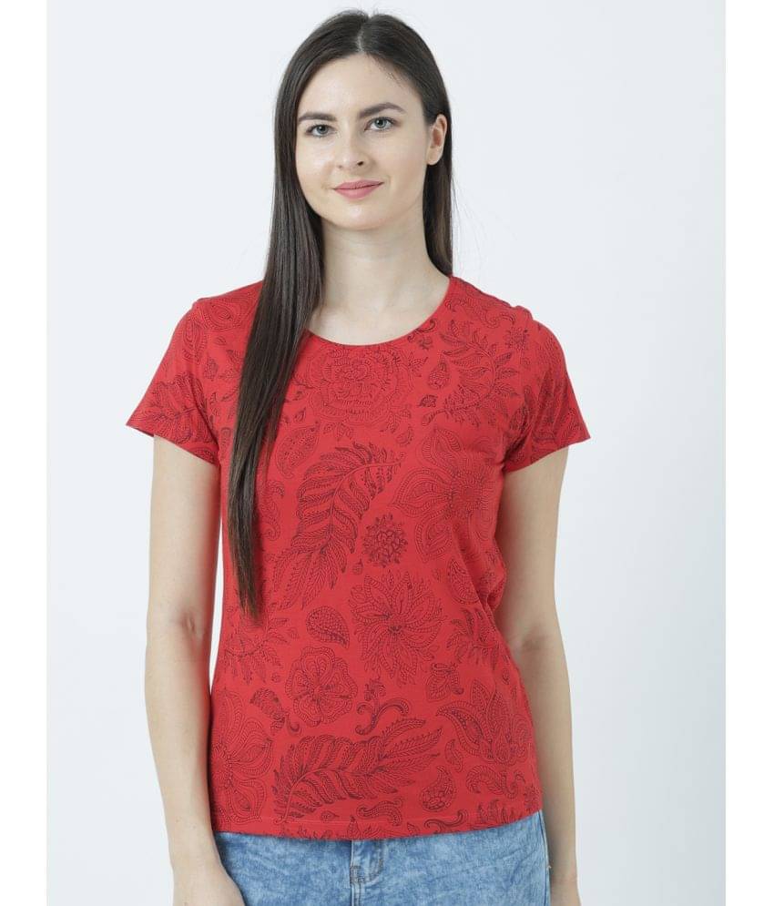 Huetrap Women Cotton Blend Printed Regular Fit Round Neck T-Shirt ( Red )     			Huetrap Women Cotton Blend Printed Regular Fit Round Neck T-Shirt ( Red )