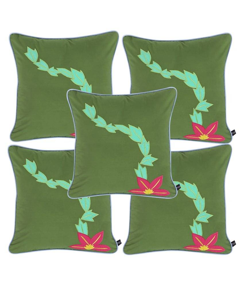     			HUGS N RUGS Set of 5 Cotton Thread Work Square Cushion Cover (40X40)cm - Green