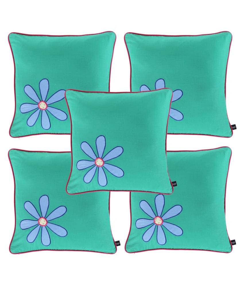     			HUGS N RUGS Set of 5 Cotton Floral Printed Square Cushion Cover (40X40)cm - Green