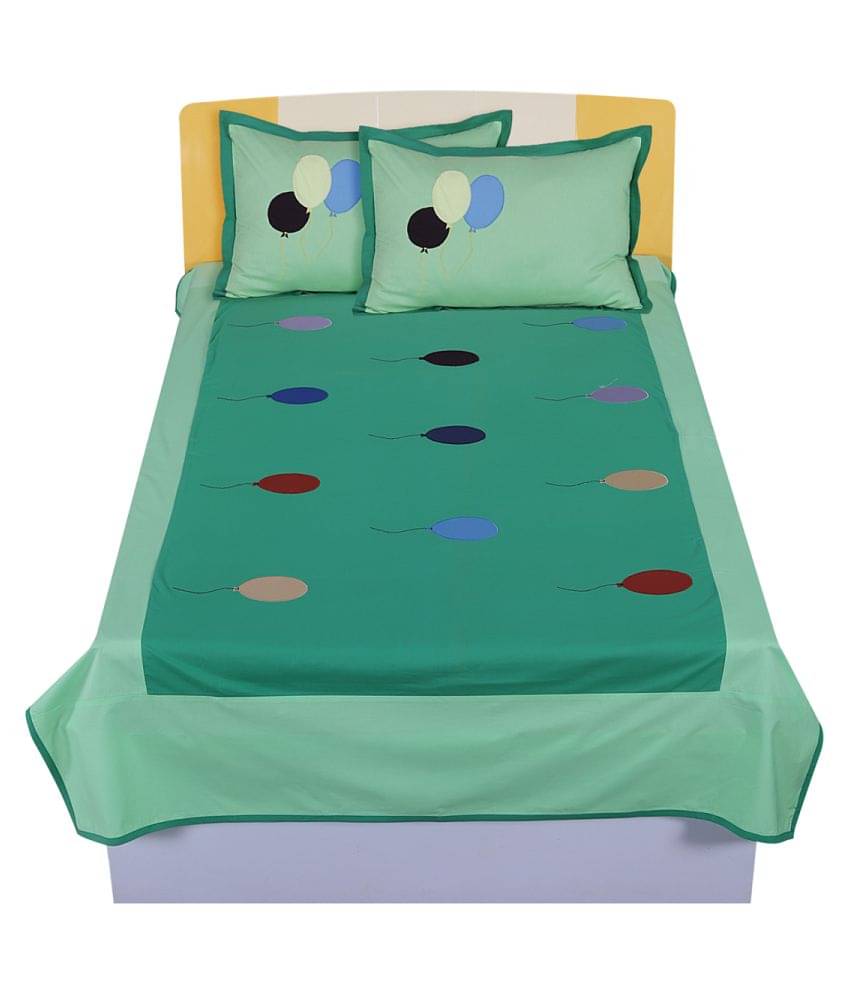     			HugsnRugs Single Cotton Green Embroidery Bedding Set Set of 3