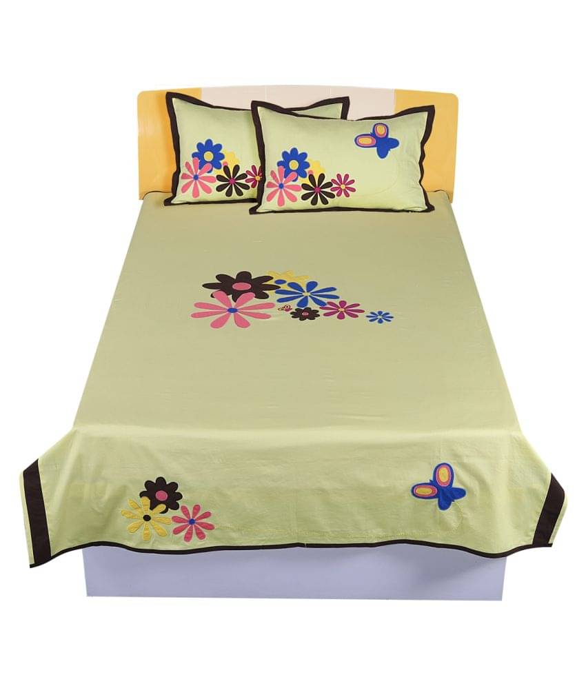     			HugsnRugs Single Cotton Yellow Embroidery Bedding Set Set of 3