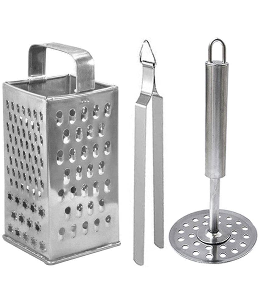     			JISUN - Silver Stainless Steel Big Grater+Pizza Cutter+Masher ( Pack 3 )