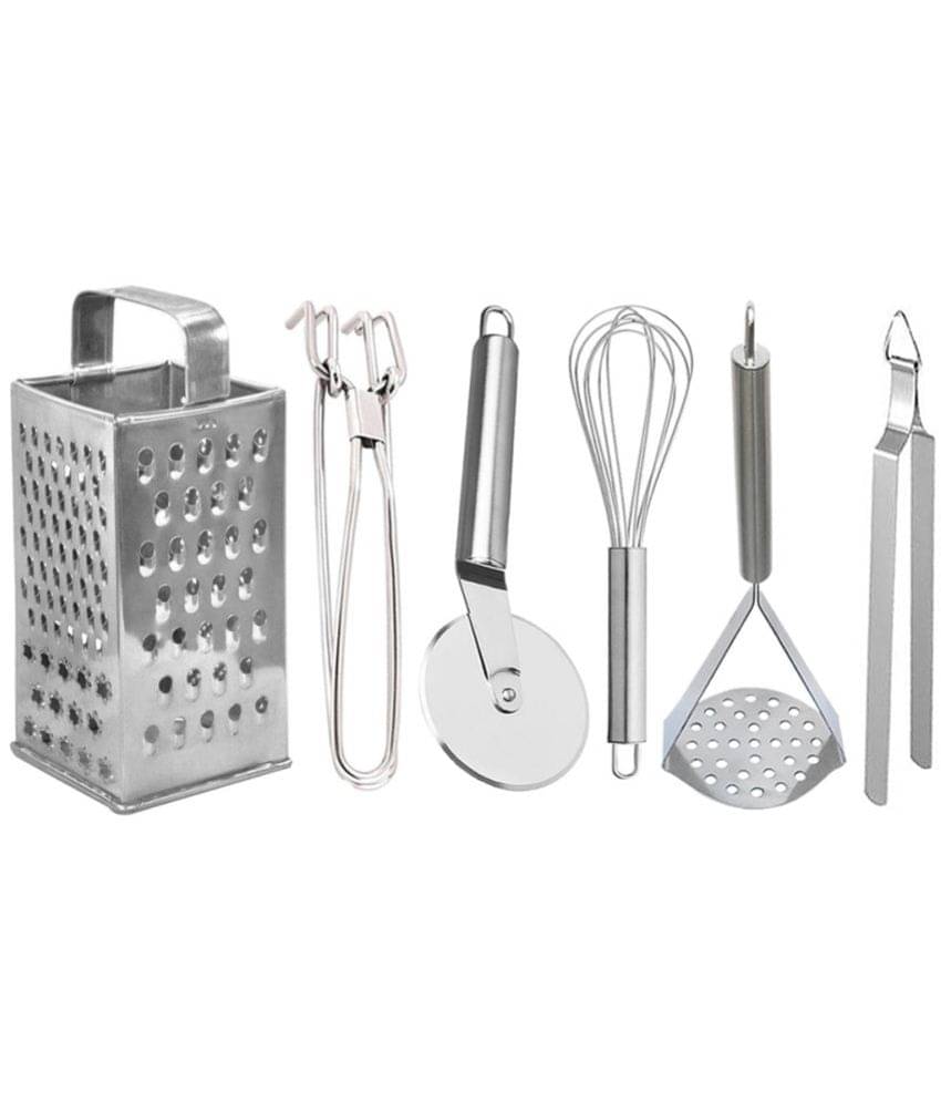 JISUN - Silver Stainless Steel Grater+Pakkad+Pizza Cutter+Whisk+Chimta+Masher ( Pack 6 )     			JISUN - Silver Stainless Steel Grater+Pakkad+Pizza Cutter+Whisk+Chimta+Masher ( Pack 6 )
