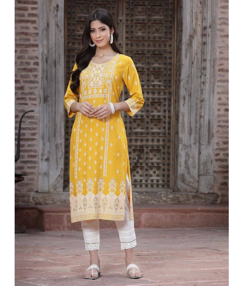 Juniper - Yellow Rayon Women's Straight Kurti ( Pack of 1 )     			Juniper - Yellow Rayon Women's Straight Kurti ( Pack of 1 )