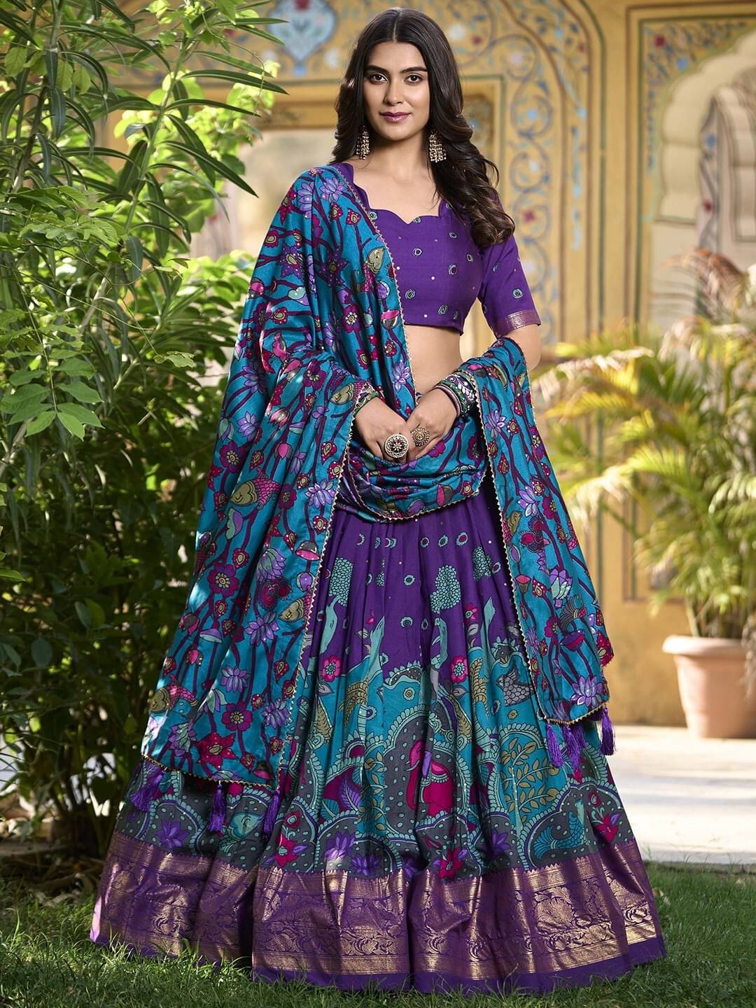     			KRISHU ETHNICS Purple Art Silk Circular Semi Stitched Lehenga