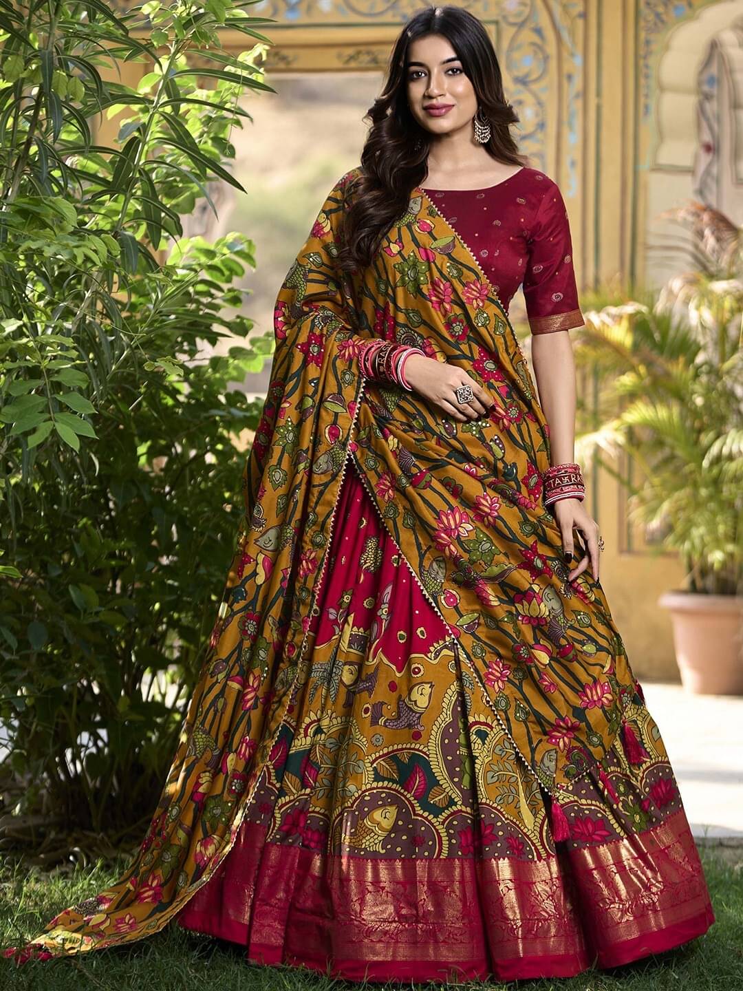     			KRISHU ETHNICS Red Art Silk Circular Semi Stitched Lehenga