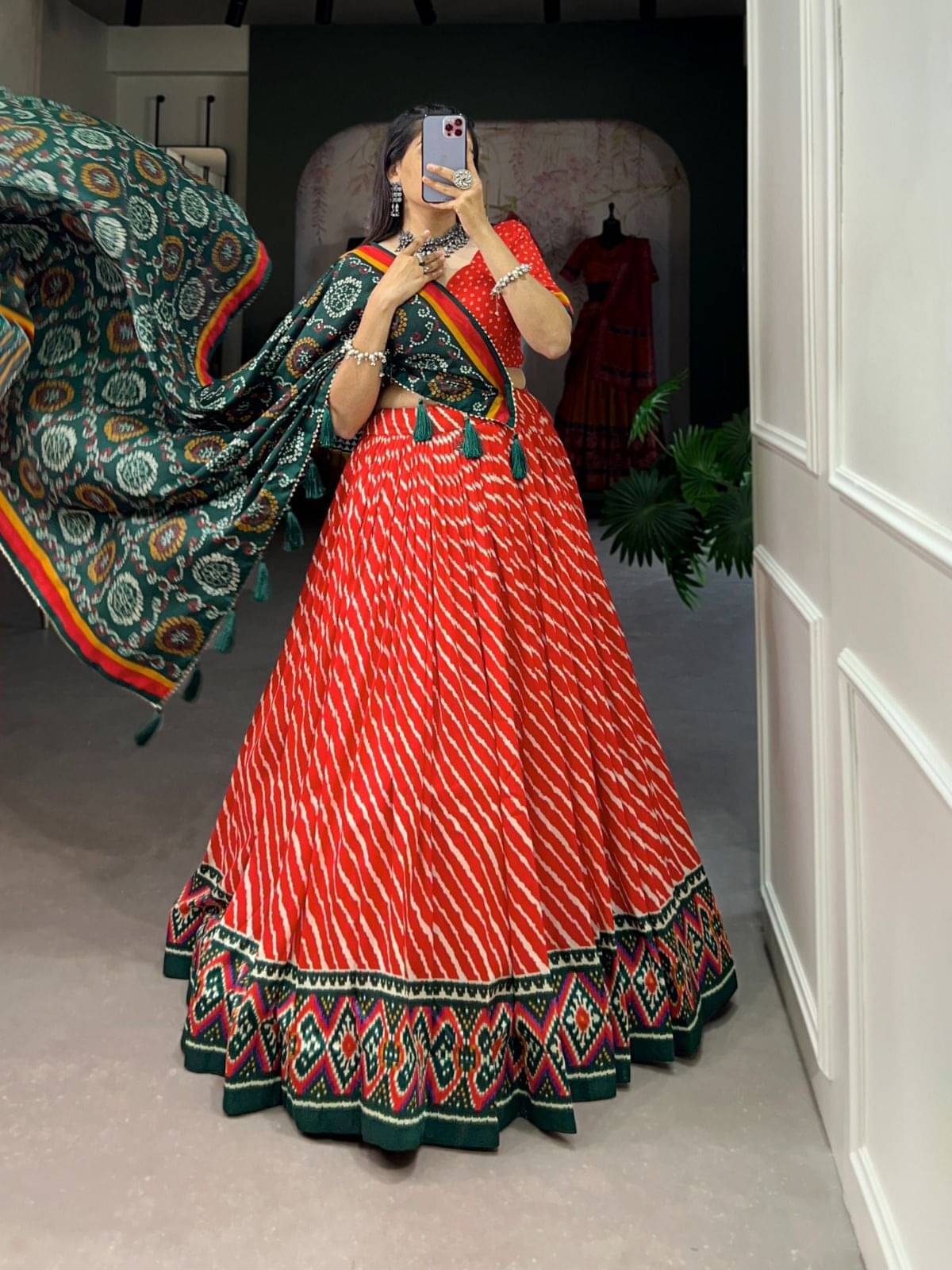    			KRISHU ETHNICS Red Silk Blends Circular Semi Stitched Lehenga