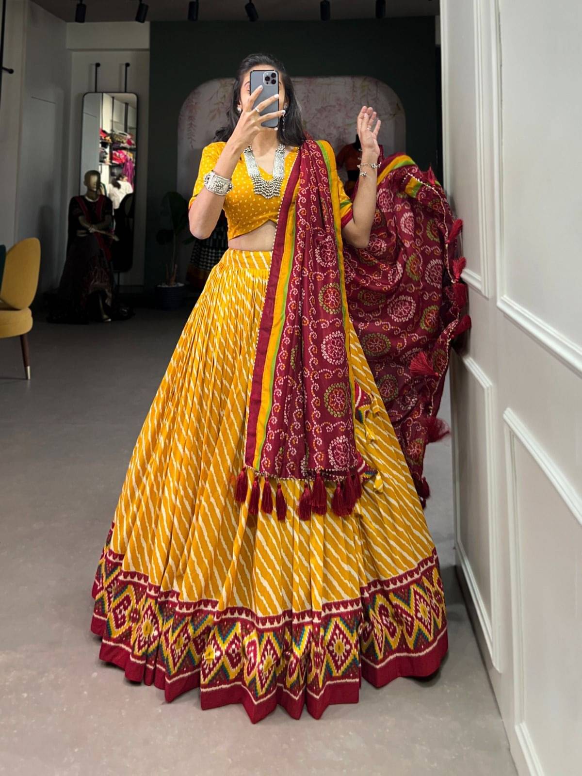     			KRISHU ETHNICS Yellow Silk Blends Circular Semi Stitched Lehenga