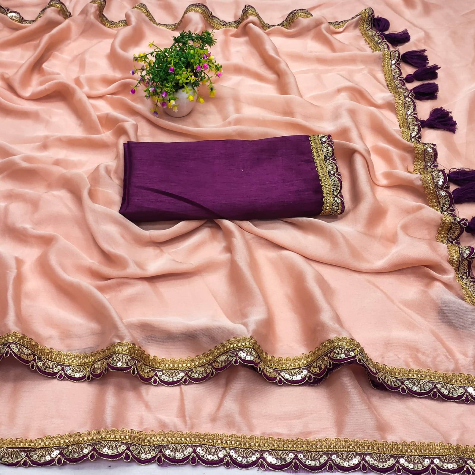     			Kalpana Creation Chiffon Embellished Saree With Unstitched Blouse Piece ( Peach )
