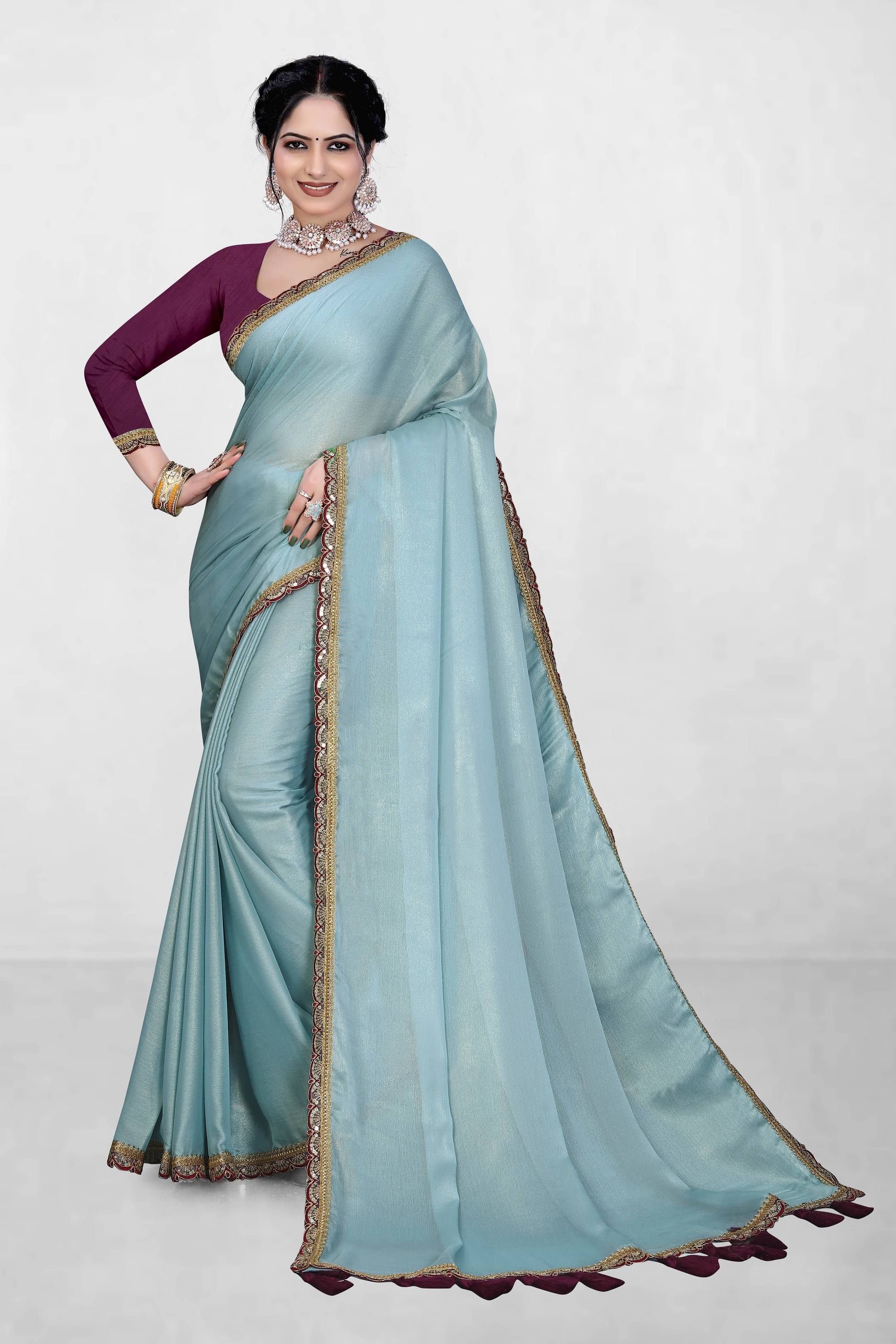     			Kalpana Creation Chiffon Embellished Saree With Unstitched Blouse Piece ( SkyBlue )