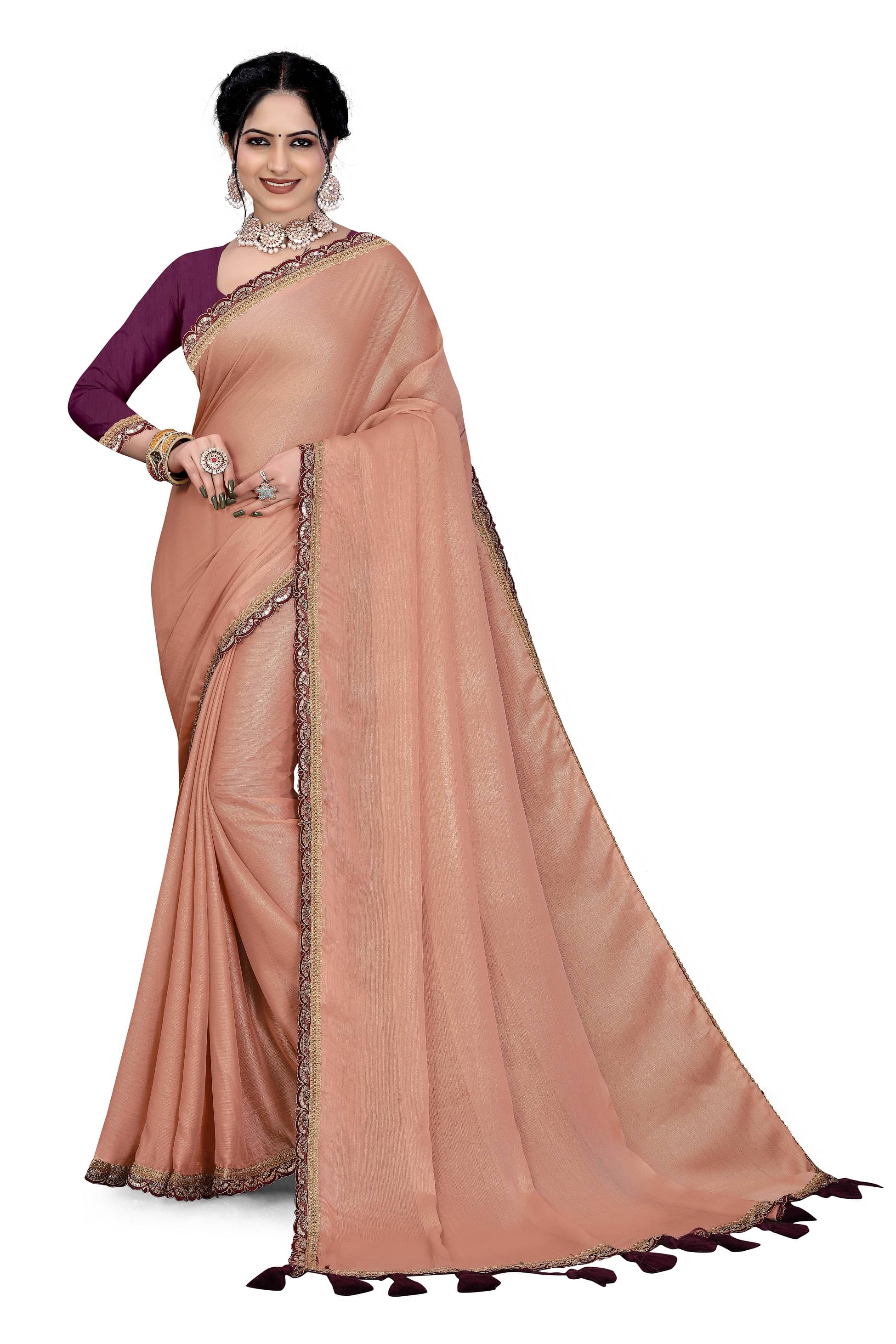 Kalpana Creation Chiffon Embellished Saree With Unstitched Blouse Piece ( Peach ) Kalpana Creation Chiffon Embellished Saree With Unstitched Blouse Piece ( Peach )