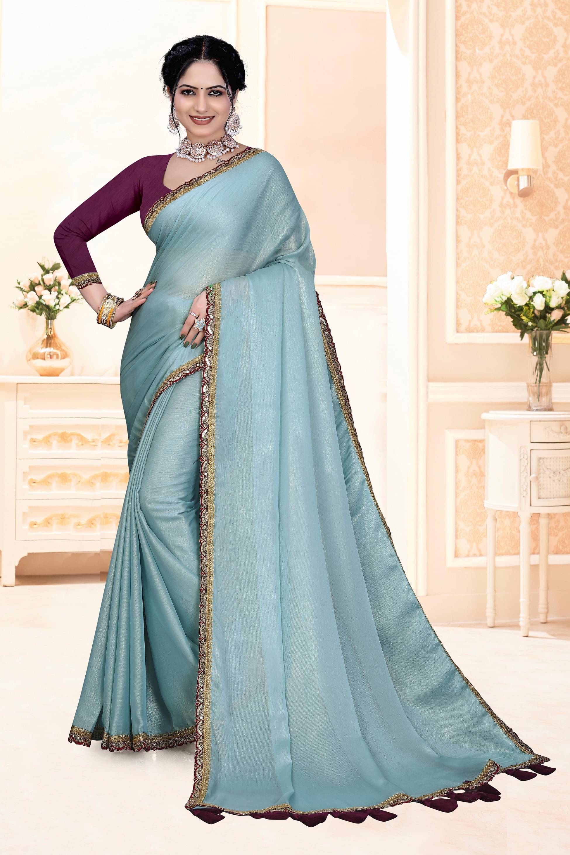 Kalpana Creation Chiffon Embellished Saree With Unstitched Blouse Piece ( SkyBlue ) Kalpana Creation Chiffon Embellished Saree With Unstitched Blouse Piece ( SkyBlue )