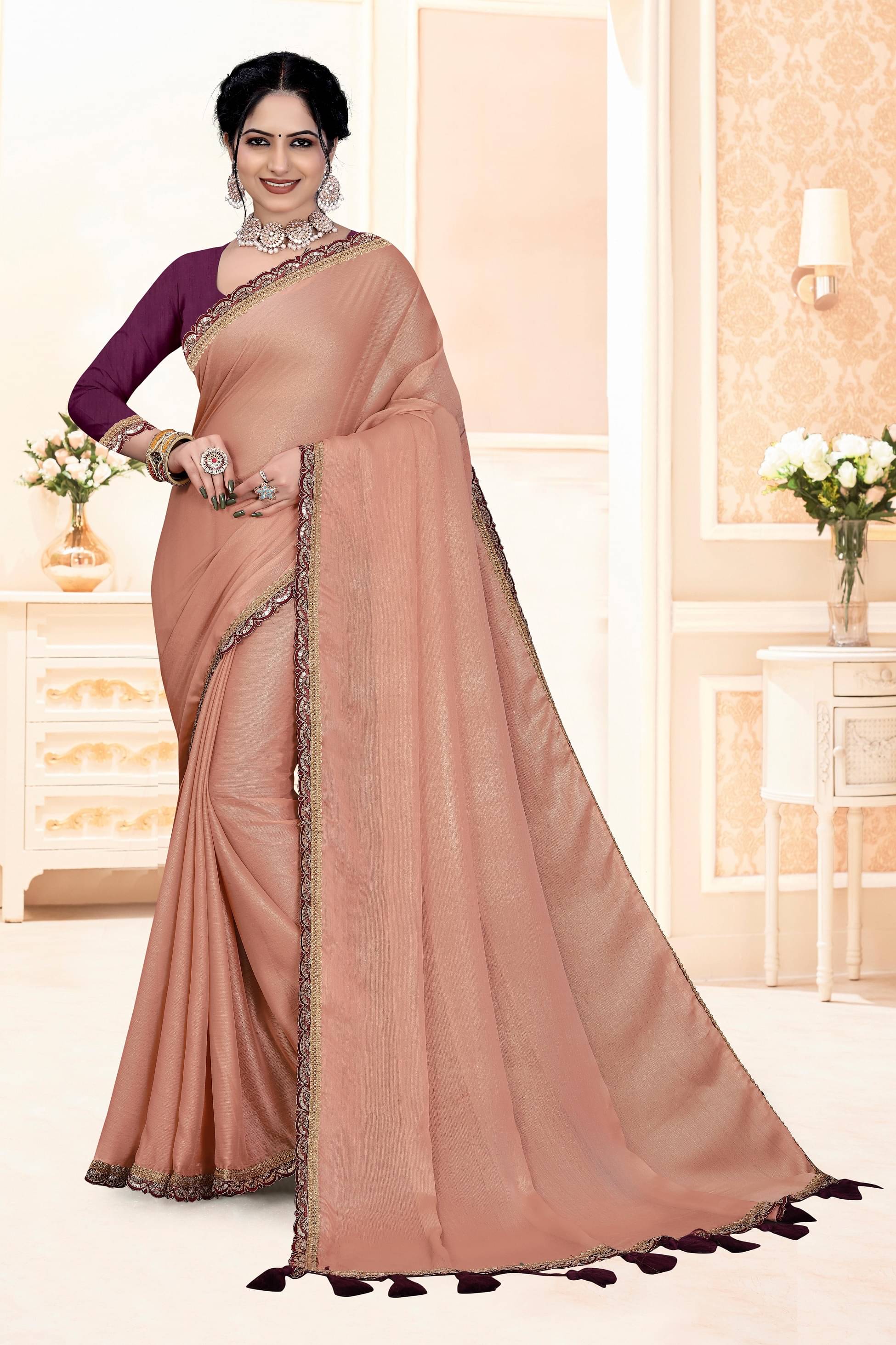     			Kalpana Creation Chiffon Embellished Saree With Unstitched Blouse Piece ( Peach )