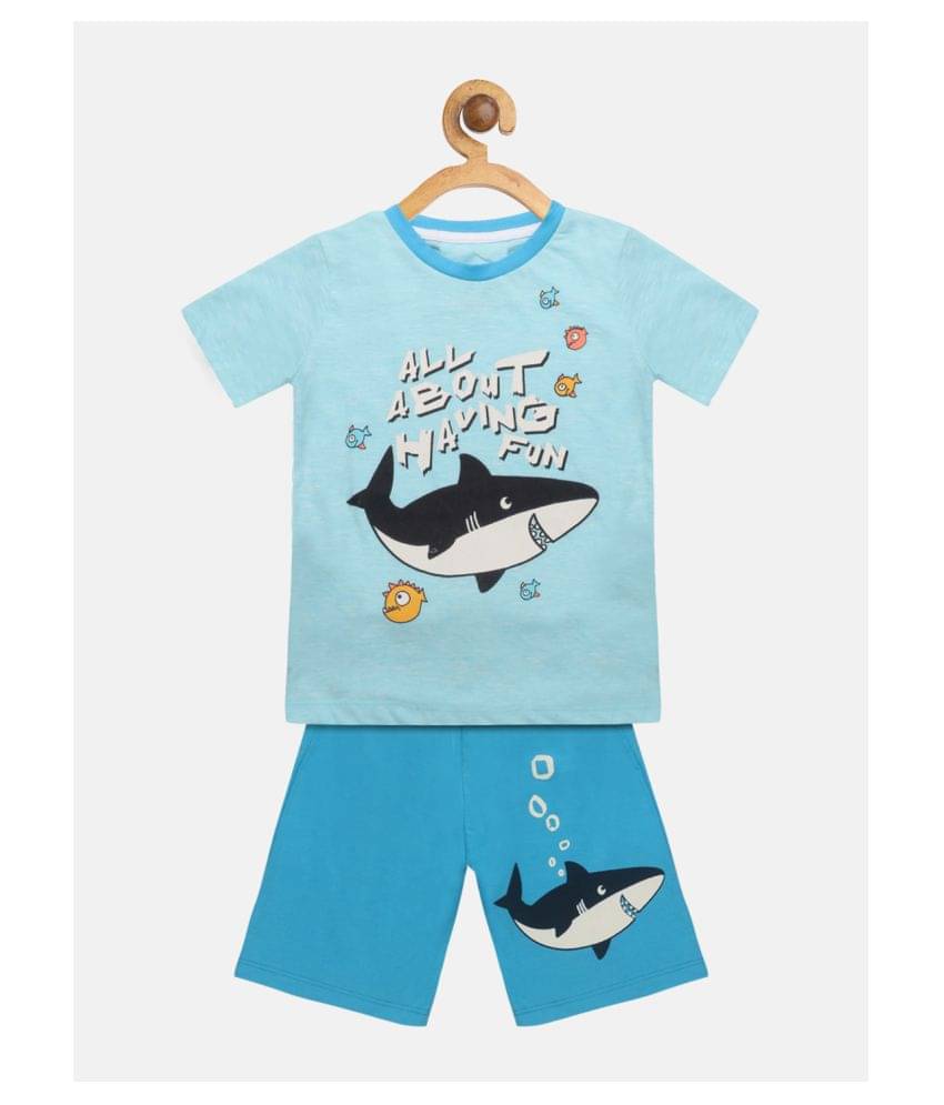     			Lazy Shark Pack of 1 Boys Cotton Blend T-Shirt & Shorts Set ( Blue )