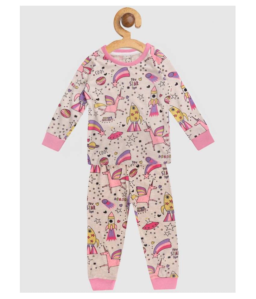     			Lazy Shark Pack of 1 Girls Cotton Blend Nightsuit Set ( Cream )