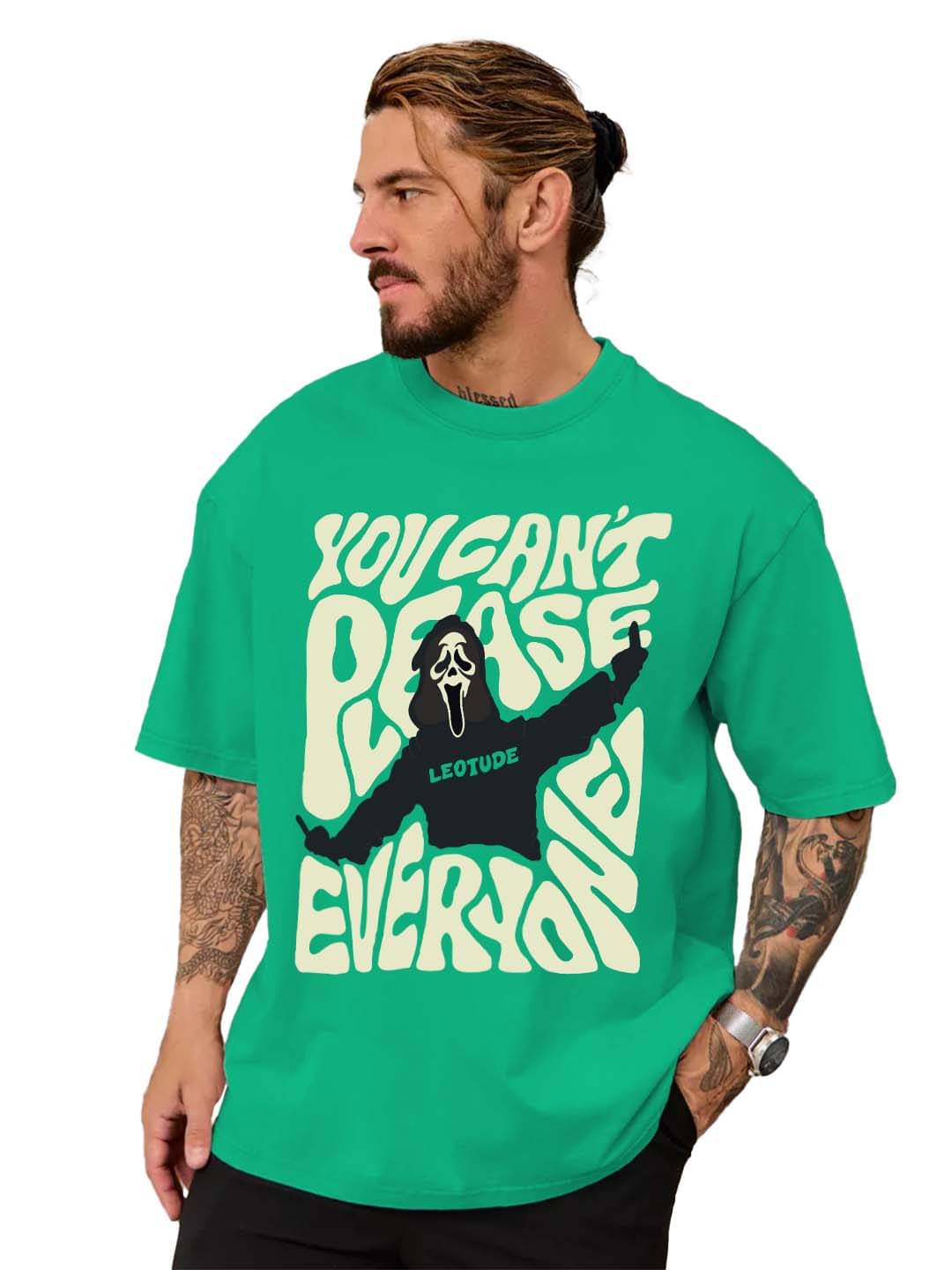     			Leotude Men Cotton Blend Oversized Fit Printed T-Shirt ( Green )