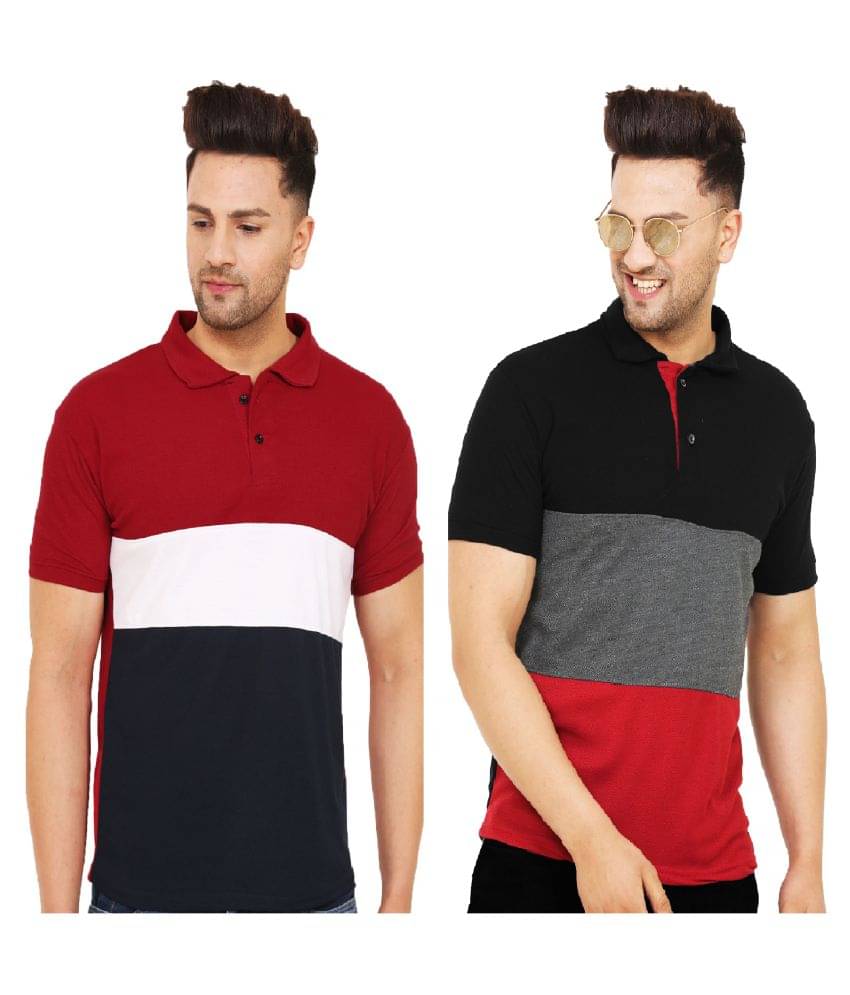     			Leotude Pack of 2 Cotton Blend Regular Fit Colorblock Half Sleeves Men's Polo T Shirt ( Multi )