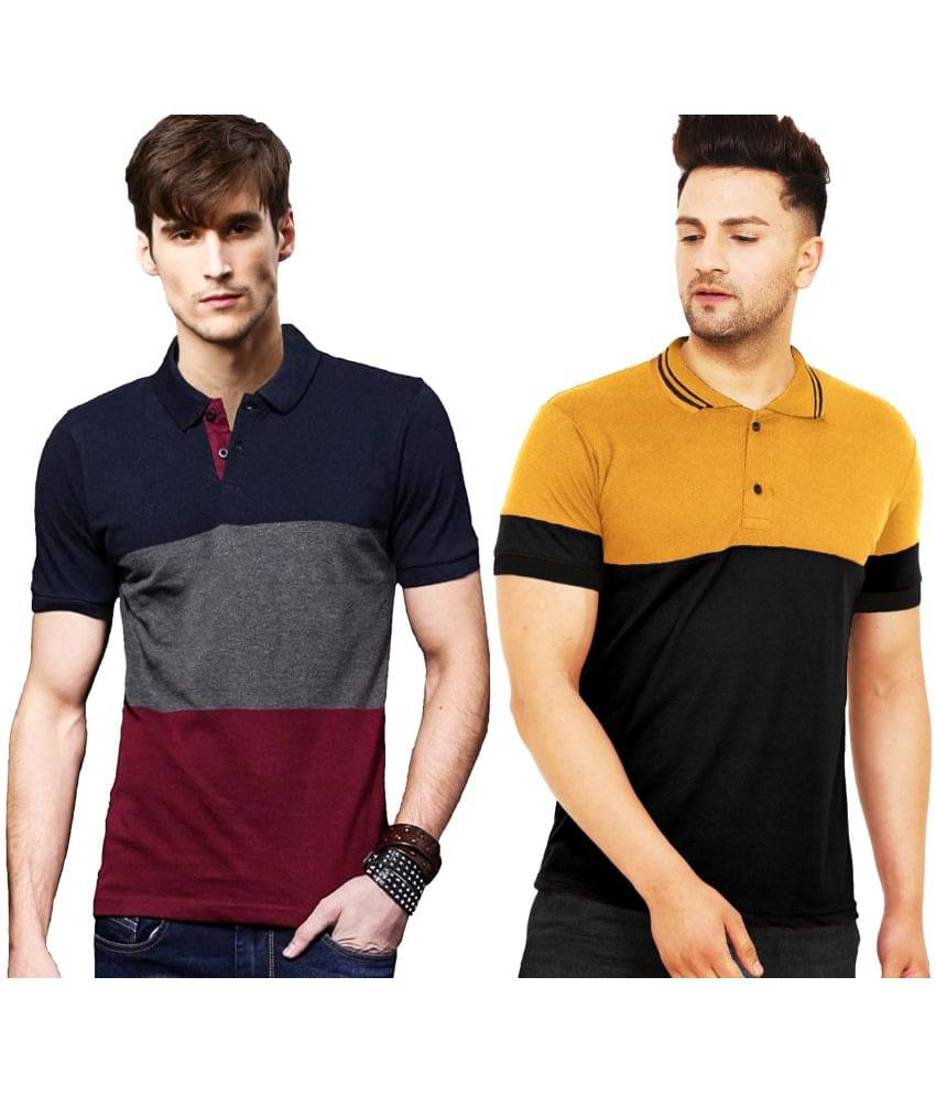     			Leotude Pack of 2 Cotton Blend Regular Fit Colorblock Half Sleeves Men's Polo T Shirt ( Multi )