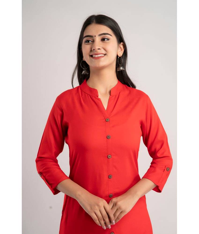 MAUKA - Red Rayon Women's Straight Kurti ( Pack of 1 ) MAUKA - Red Rayon Women's Straight Kurti ( Pack of 1 )