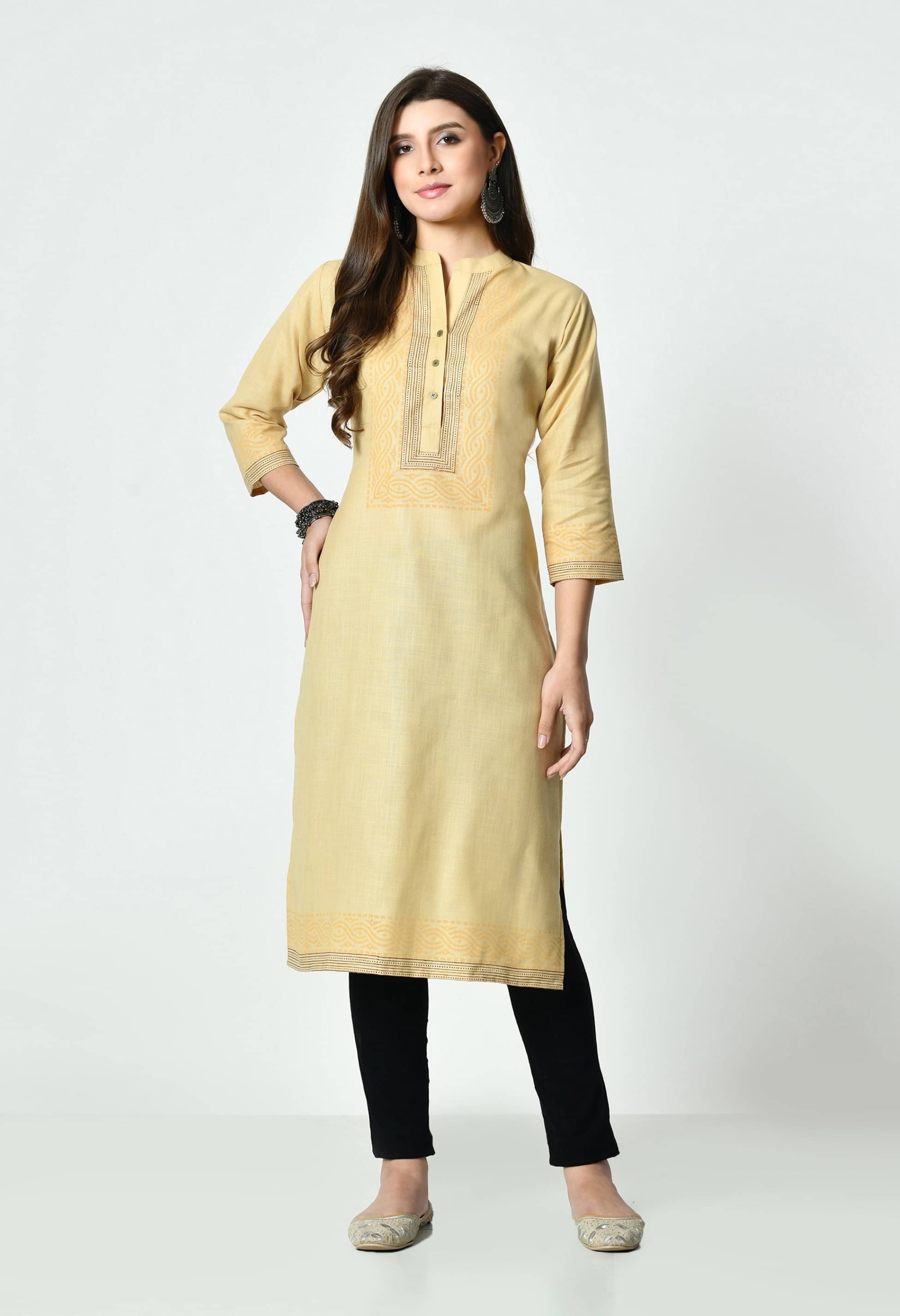     			MAURYA Pack of 1 Cotton Blend Printed Straight Women's Kurti - ( Beige )