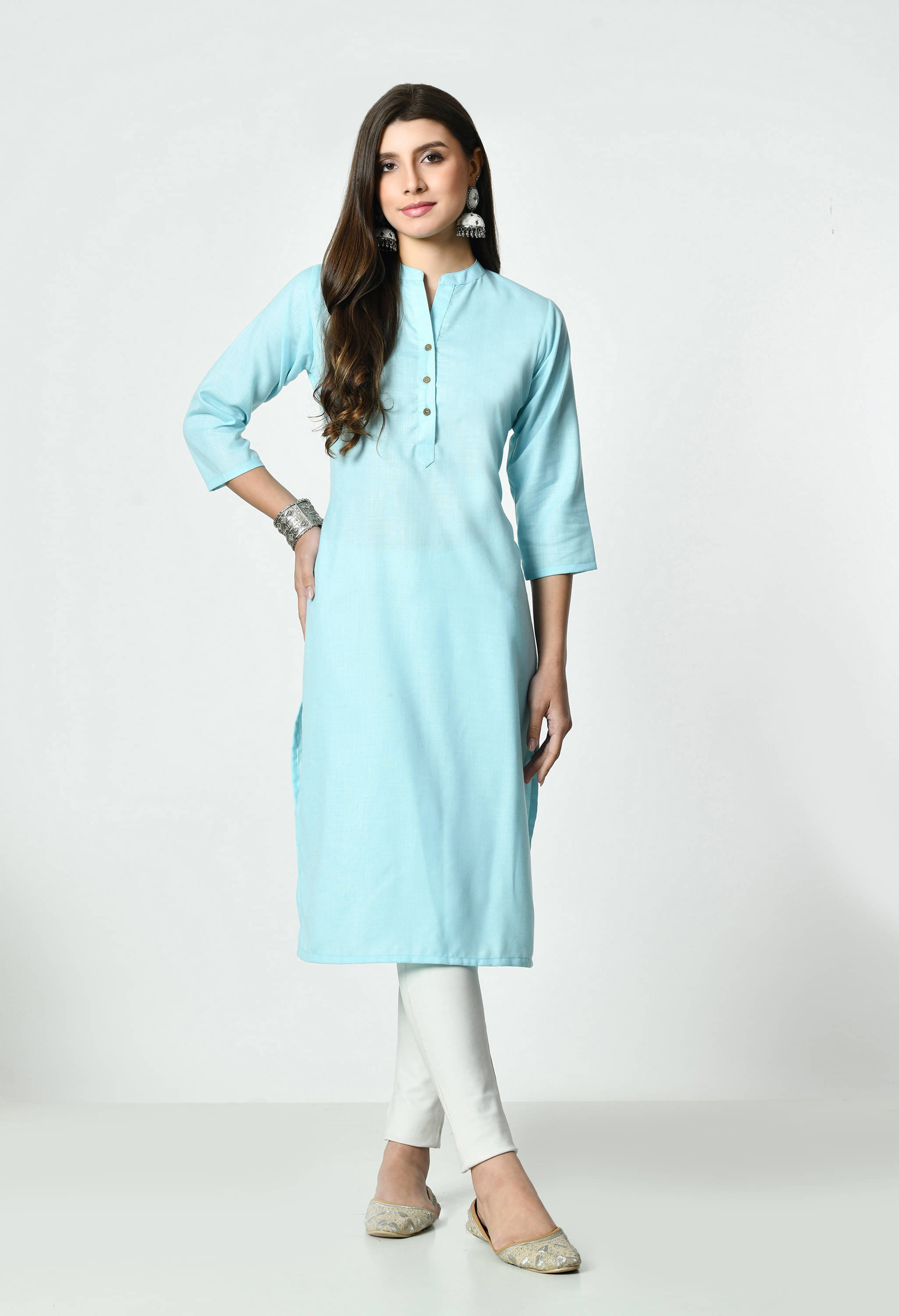MAURYA Pack of 1 Cotton Blend Solid Straight Women's Kurti - ( Aqua Blue ) MAURYA Pack of 1 Cotton Blend Solid Straight Women's Kurti - ( Aqua Blue )