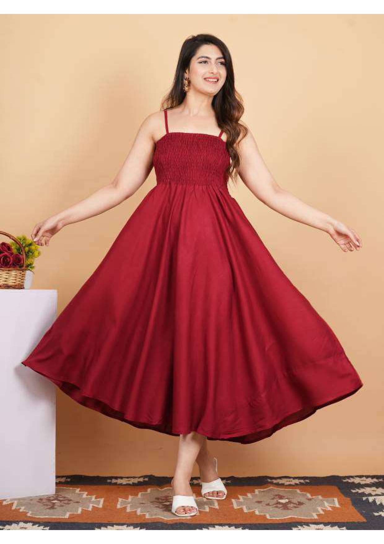 NAV DURGA FASHION Women Crepe Solid Fit & Flare Dress ( Maroon ) NAV DURGA FASHION Women Crepe Solid Fit & Flare Dress ( Maroon )