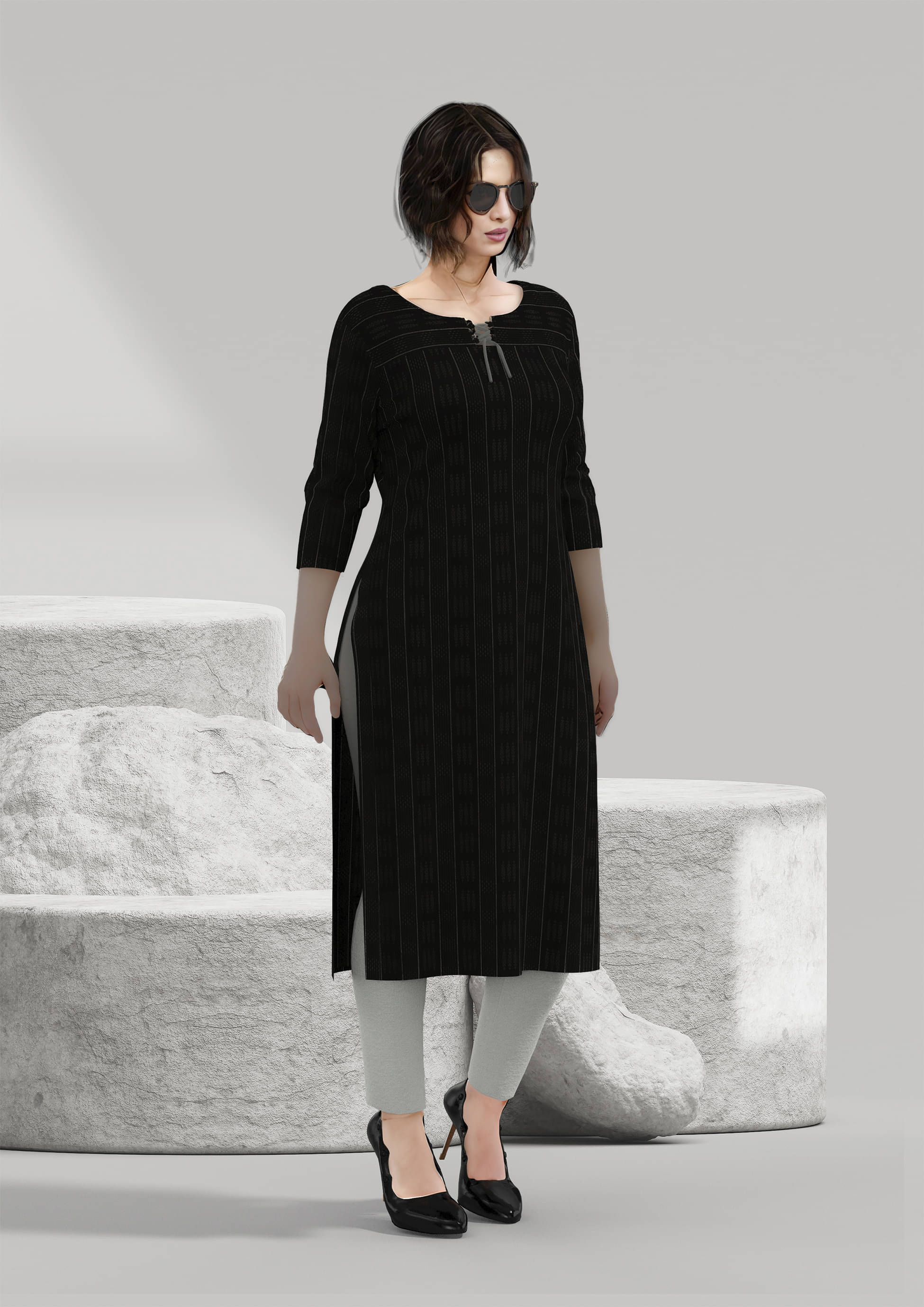     			RUIVASTRA Pack of 1 Viscose Blend Striped Straight Women's Kurti - ( Black )