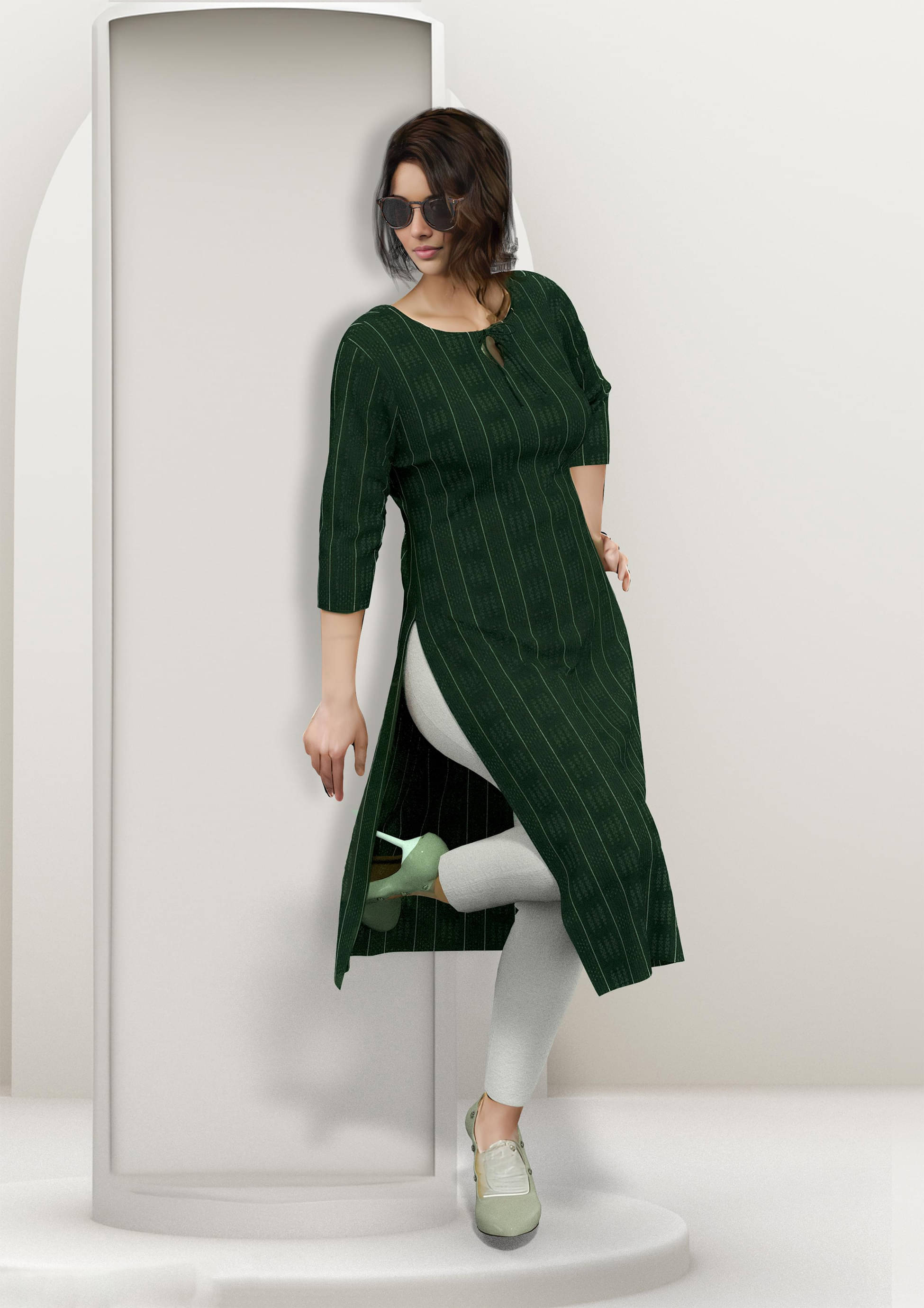     			RUIVASTRA Pack of 1 Viscose Blend Striped Straight Women's Kurti - ( Dark Green )