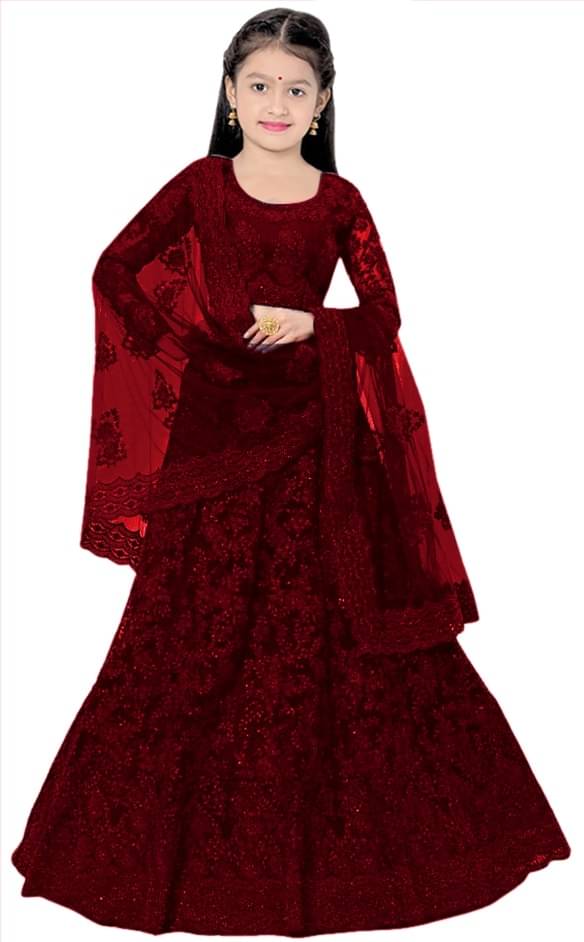     			Supar Sleave Net Lehenga Choli Set For Girls ( Pack of 1 , Maroon )