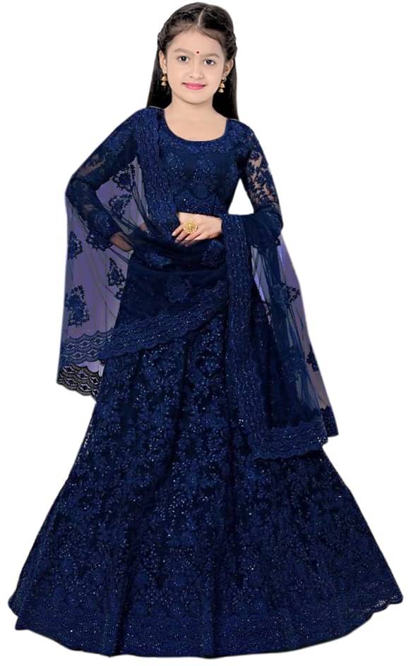     			Supar Sleave Net Lehenga Choli Set For Girls ( Pack of 1 , Blue )