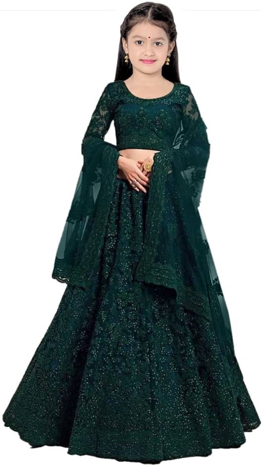     			Supar Sleave Net Lehenga Choli Set For Girls ( Pack of 1 , Green )