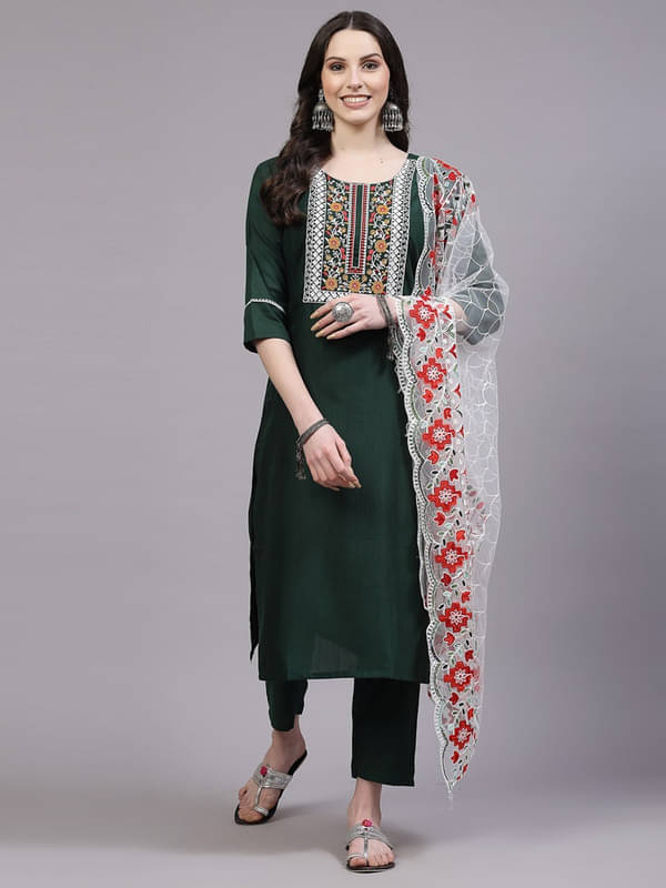 Supar Sleave Viscose Embroidered Kurti With Pants Women's Stitched Salwar Suit - Green ( Pack of 1 ) Supar Sleave Viscose Embroidered Kurti With Pants Women's Stitched Salwar Suit - Green ( Pack of 1 )