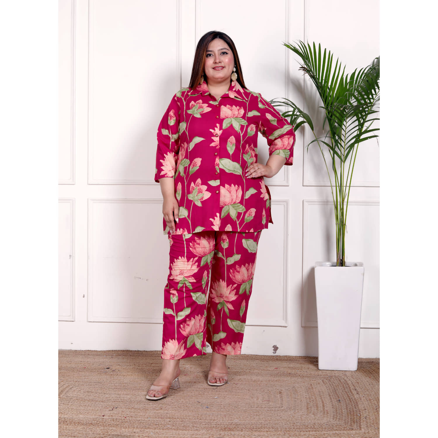 Swasti Women Printed Shirt With Palazzos Co-Ord Set ( Pink )