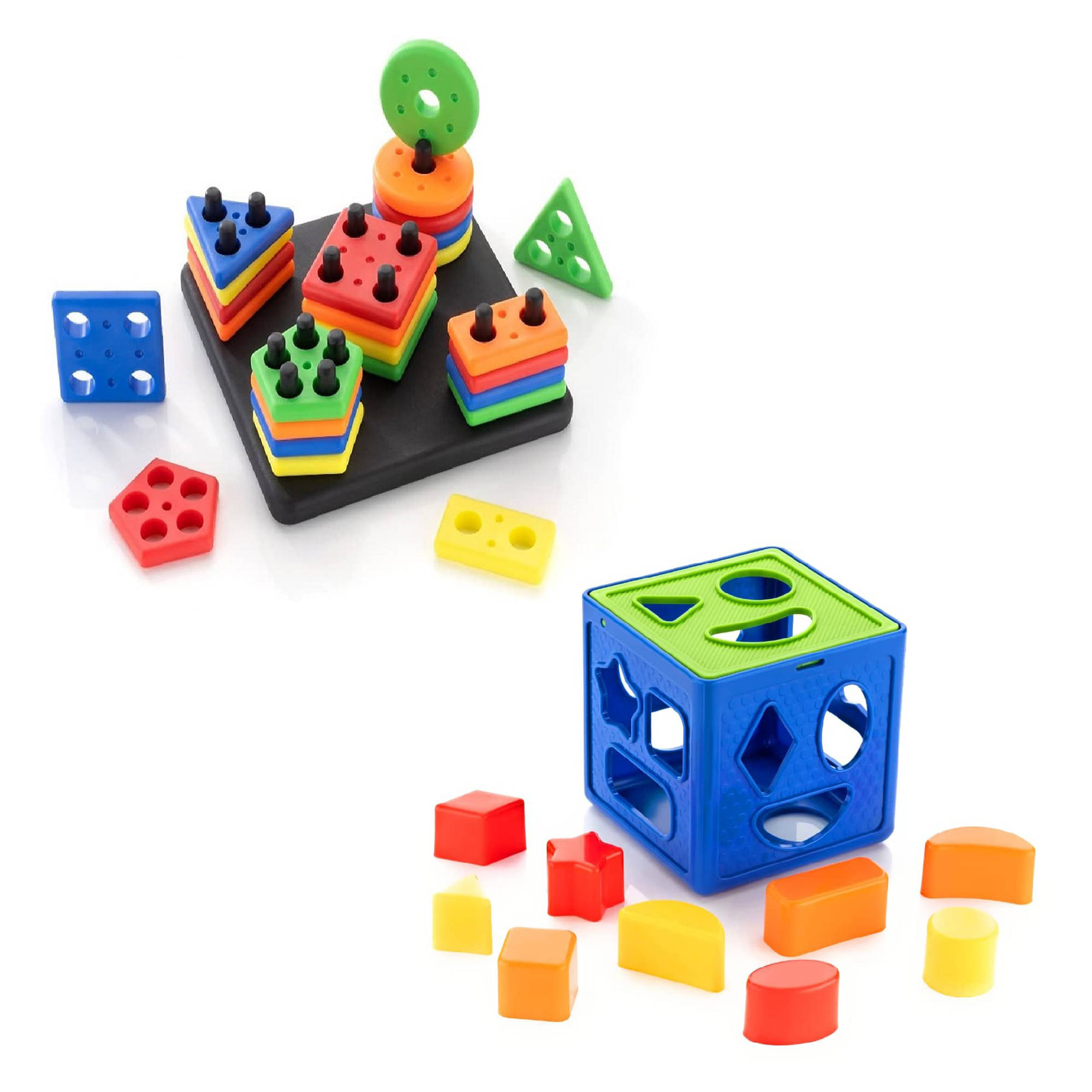     			TOY DEKHO Buy 1 Get 1 Combo (Plastic Shape Sorter Cube Block 9 Pcs Toy +  Square Shape Stacker Puzzle Game) Multicolor Baby Activity Toys For Boys Girls 3,4,5,6+ years