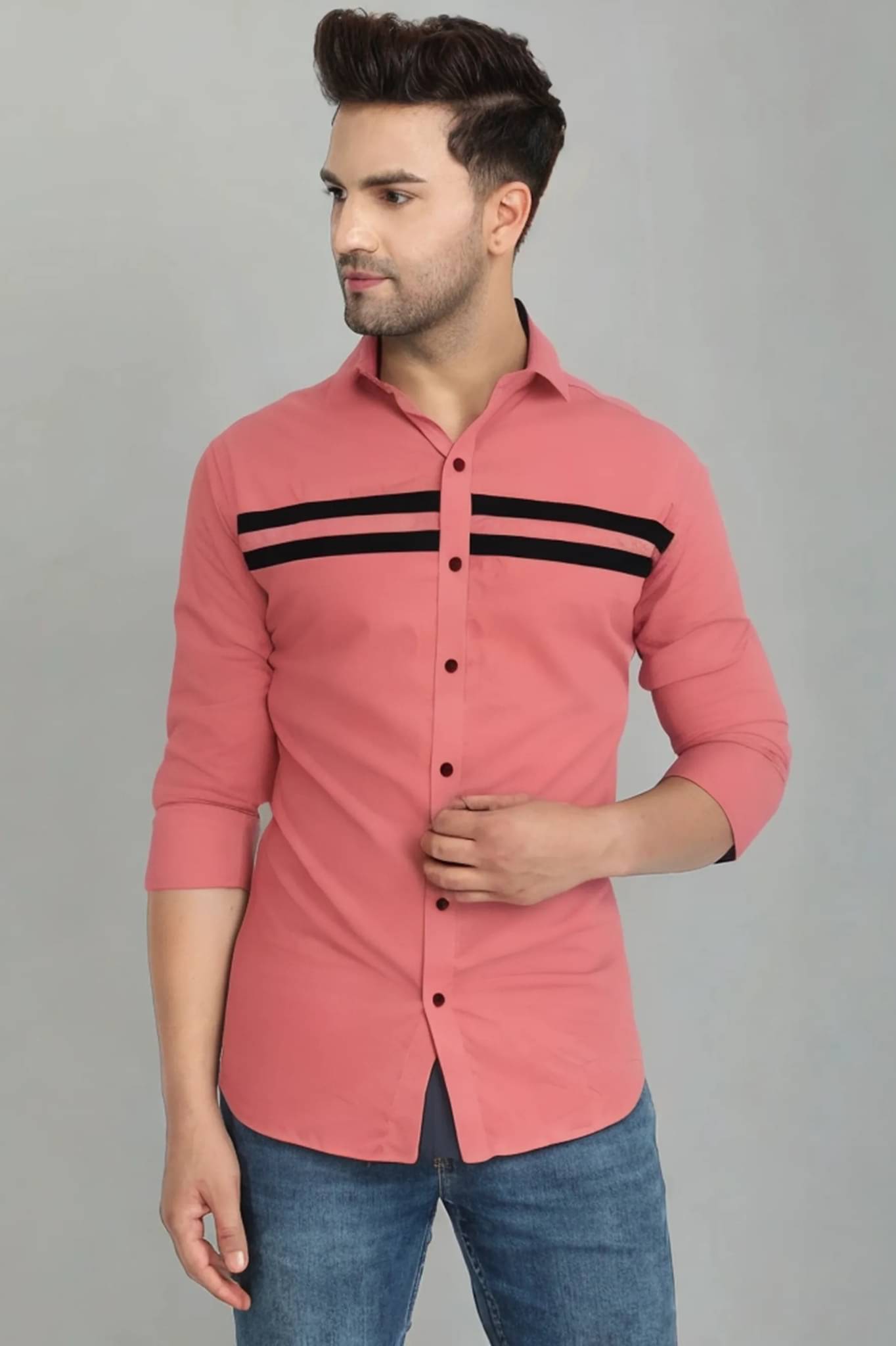VERTUSY Cotton Blend Regular Fit Striped Full Sleeves Men's Casual Shirt - Pink ( Pack of 1 )     			VERTUSY Cotton Blend Regular Fit Striped Full Sleeves Men's Casual Shirt - Pink ( Pack of 1 )