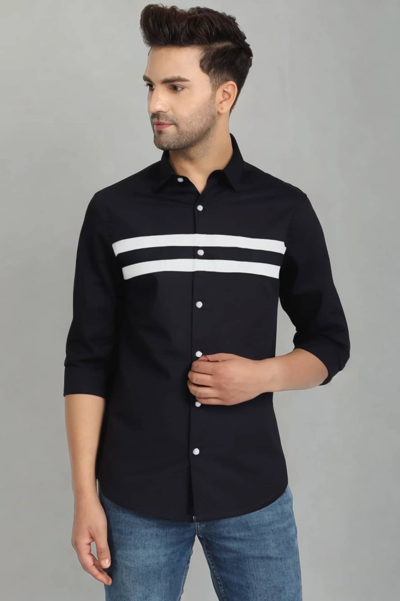 VERTUSY Cotton Blend Regular Fit Striped Full Sleeves Men's Casual Shirt - Black ( Pack of 1 ) VERTUSY Cotton Blend Regular Fit Striped Full Sleeves Men's Casual Shirt - Black ( Pack of 1 )