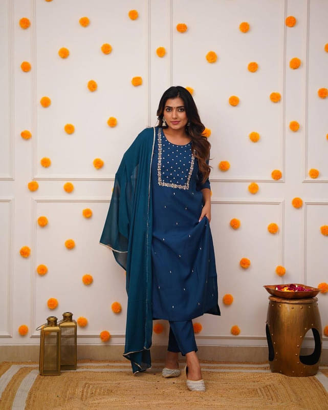     			piludi Chanderi Embroidered Kurti With Pants Women's Stitched Salwar Suit - Blue ( Pack of 1 )