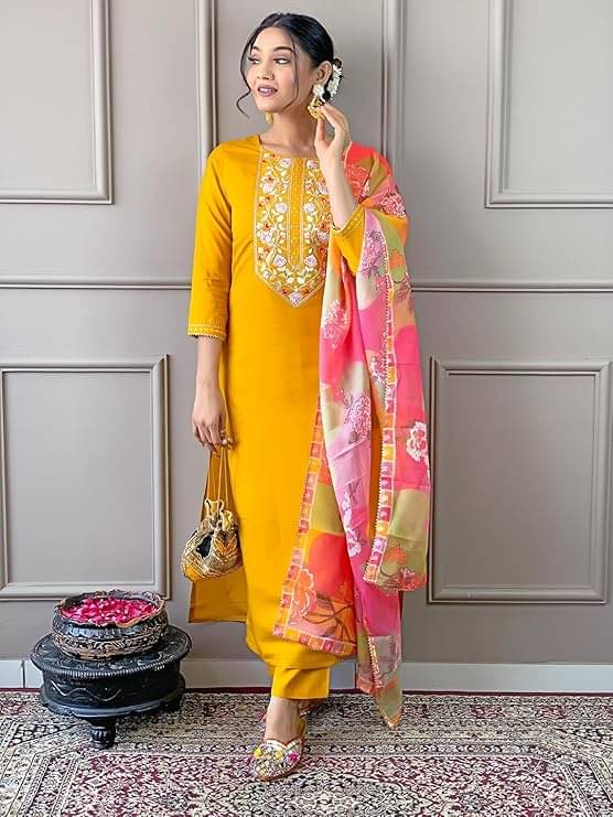 piludi Chanderi Embroidered Kurti With Pants Women's Stitched Salwar Suit - Yellow ( Pack of 1 ) piludi Chanderi Embroidered Kurti With Pants Women's Stitched Salwar Suit - Yellow ( Pack of 1 )