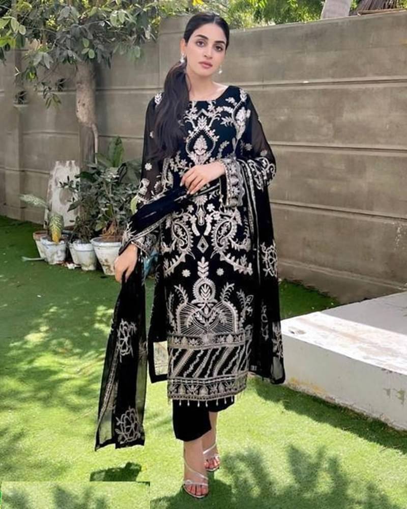     			piludi Georgette Embroidered Kurti With Pants Women's Stitched Salwar Suit - Black ( Pack of 1 )