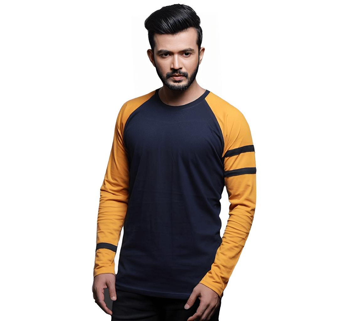 risemax Cotton Blend Regular Fit Colorblock Full Sleeves Men's Round T-Shirt - Mustard ( Pack of 1 )     			risemax Cotton Blend Regular Fit Colorblock Full Sleeves Men's Round T-Shirt - Mustard ( Pack of 1 )