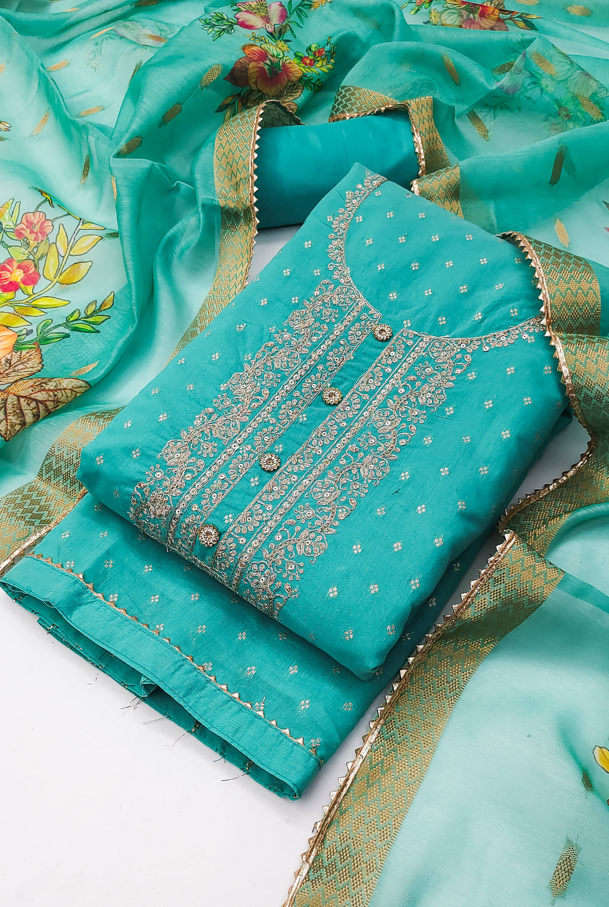 tavas Unstitched Chanderi Embellished Dress Material - Blue ( Pack of 1 ) tavas Unstitched Chanderi Embellished Dress Material - Blue ( Pack of 1 )