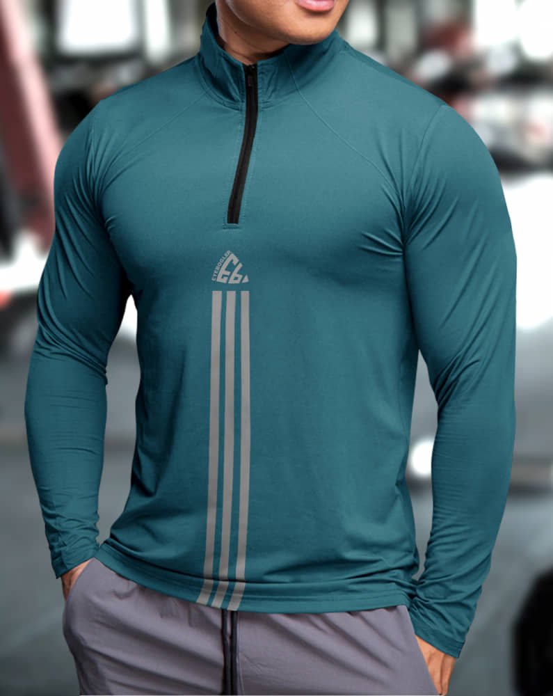 Eyebogler Polyester Regular Fit Striped Full Sleeves Men's High Neck T-Shirt - Turquoise ( Pack of 1 )