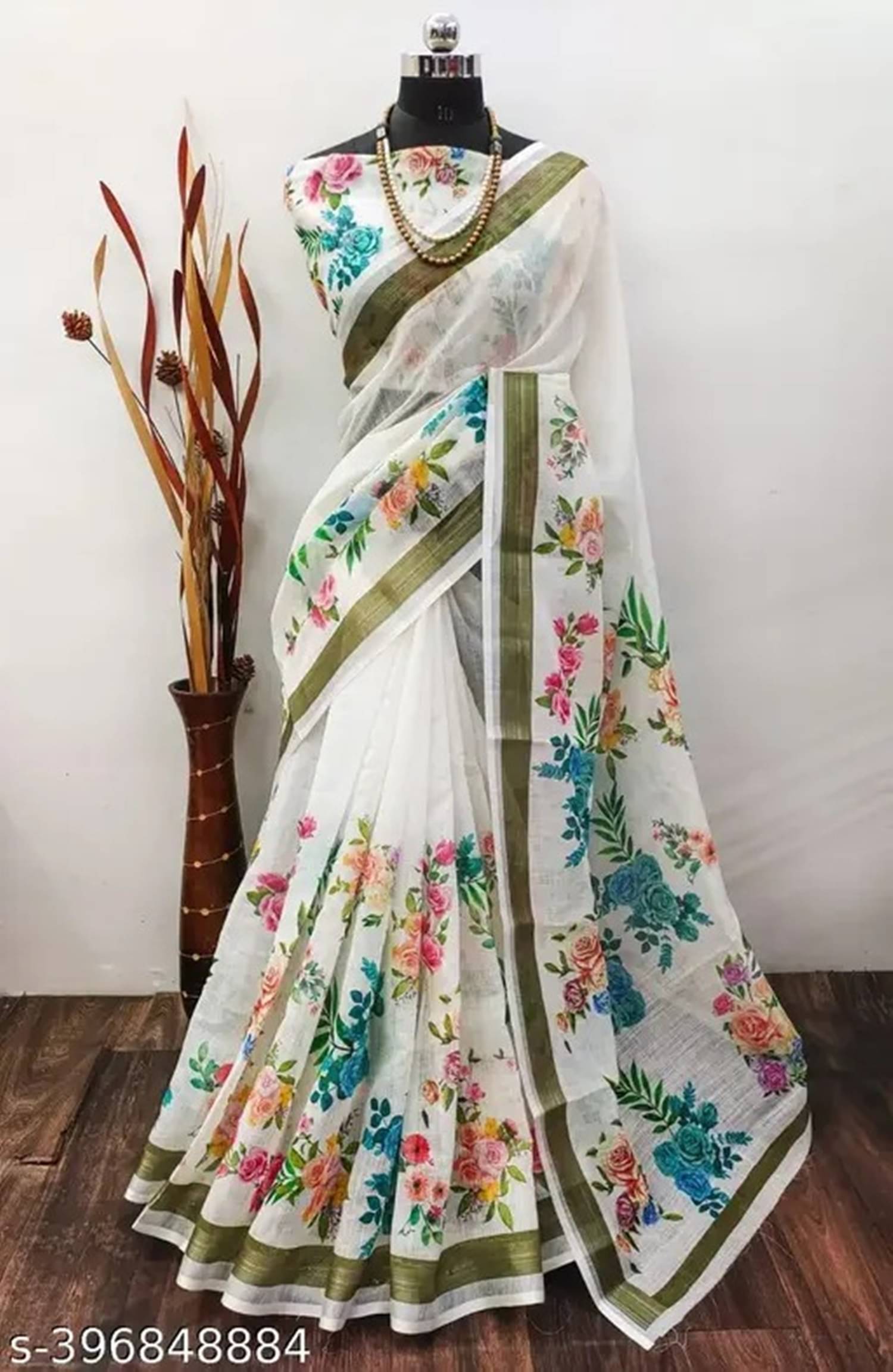     			Grubstaker Linen Printed Saree With Unstitched Blouse Piece ( White )