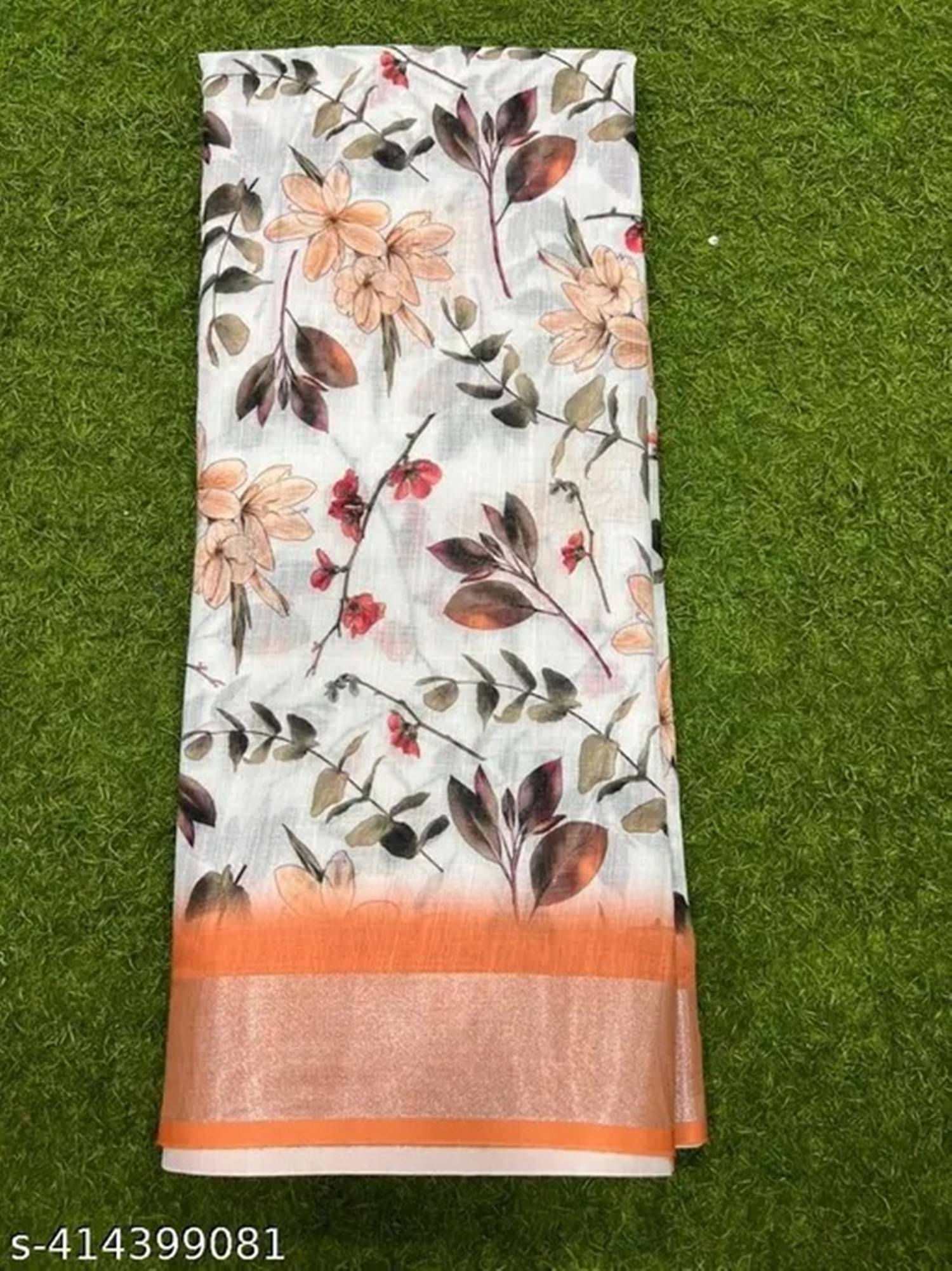 Grubstaker Linen Printed Saree With Unstitched Blouse Piece ( Multicolor ) Grubstaker Linen Printed Saree With Unstitched Blouse Piece ( Multicolor )