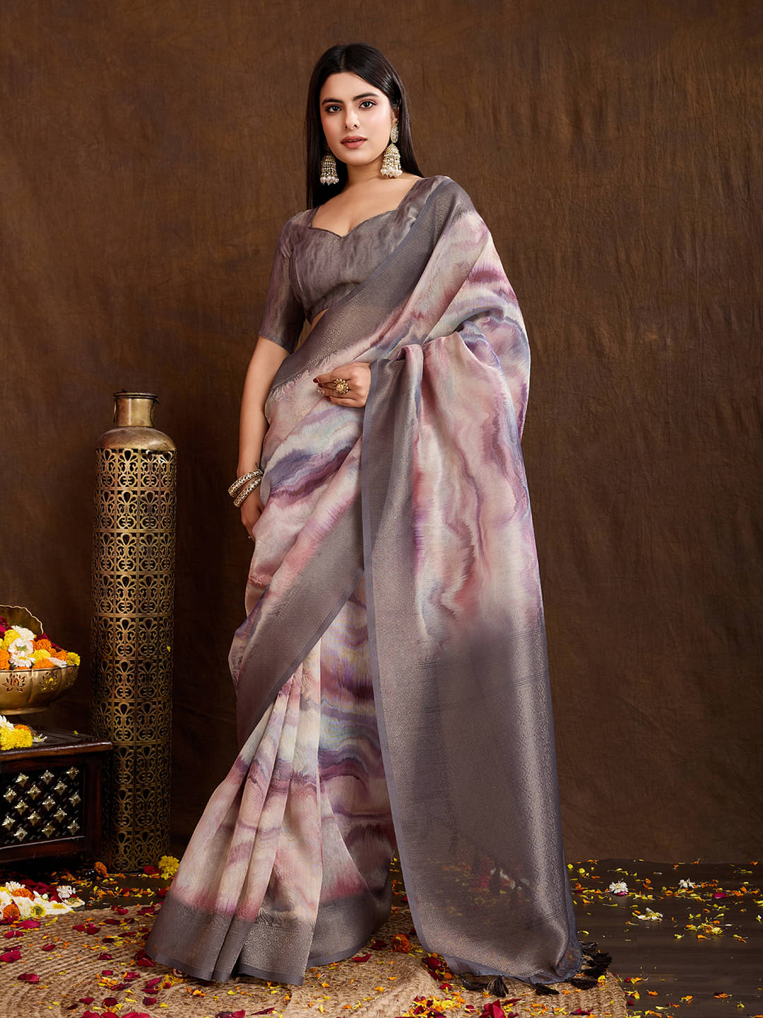 MANTROTSAV Tissue Printed Saree With Unstitched Blouse Piece ( Beige ) MANTROTSAV Tissue Printed Saree With Unstitched Blouse Piece ( Beige )