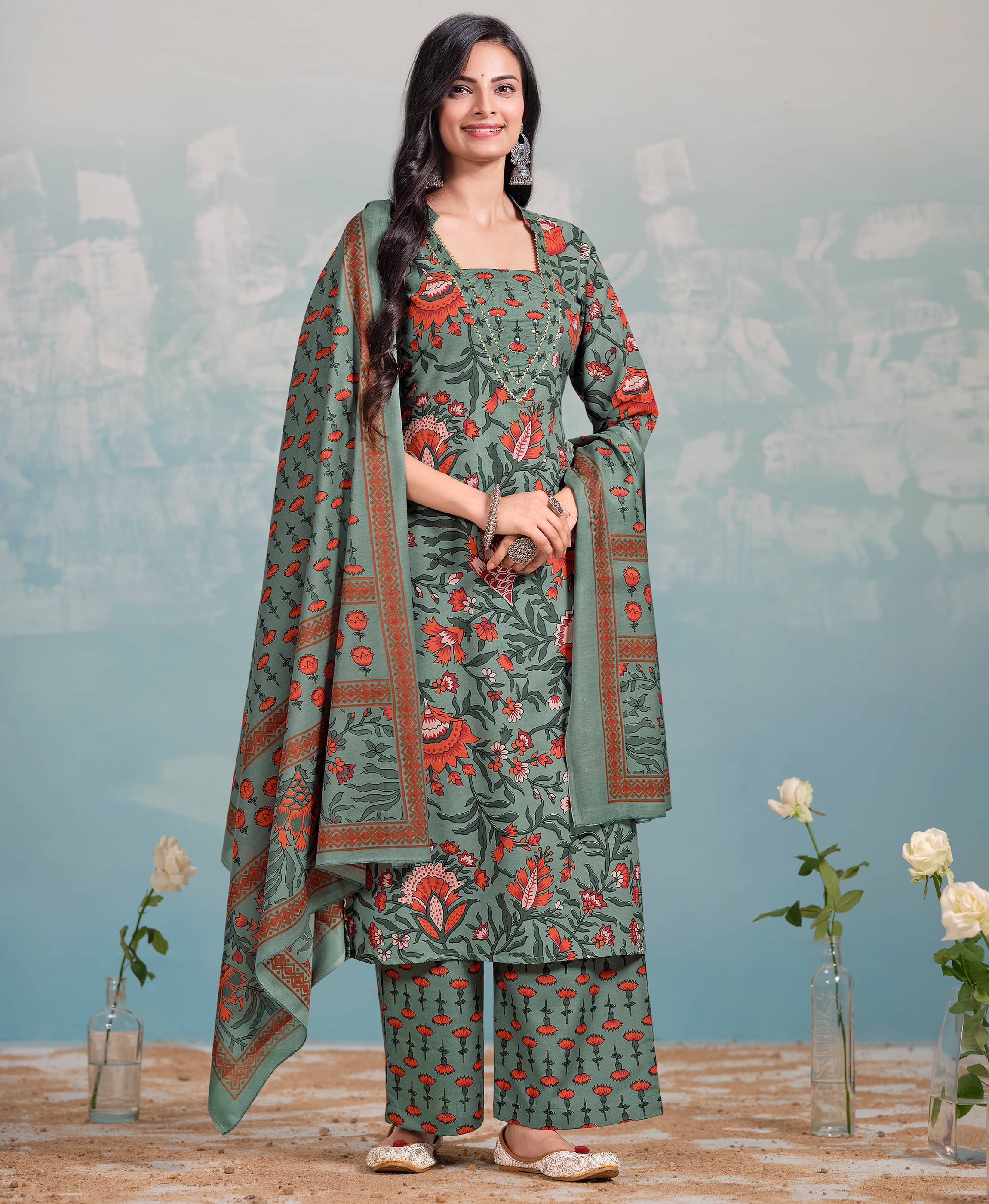 MOJILAA Cotton Blend Printed Kurti With Palazzo Women's Stitched Salwar Suit - Dark Green ( Pack of 1 ) MOJILAA Cotton Blend Printed Kurti With Palazzo Women's Stitched Salwar Suit - Dark Green ( Pack of 1 )