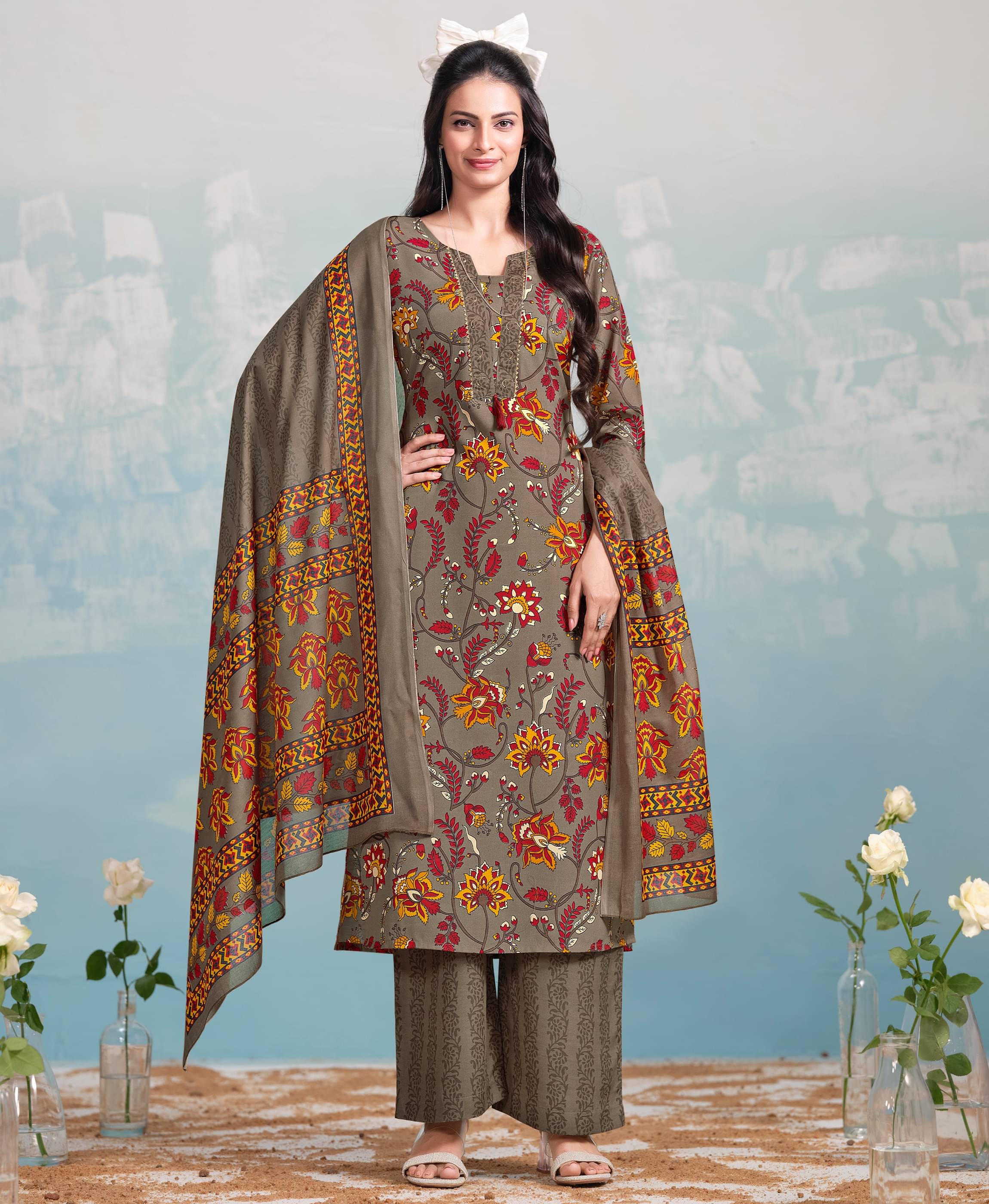     			MOJILAA Cotton Blend Printed Kurti With Palazzo Women's Stitched Salwar Suit - Brown ( Pack of 1 )